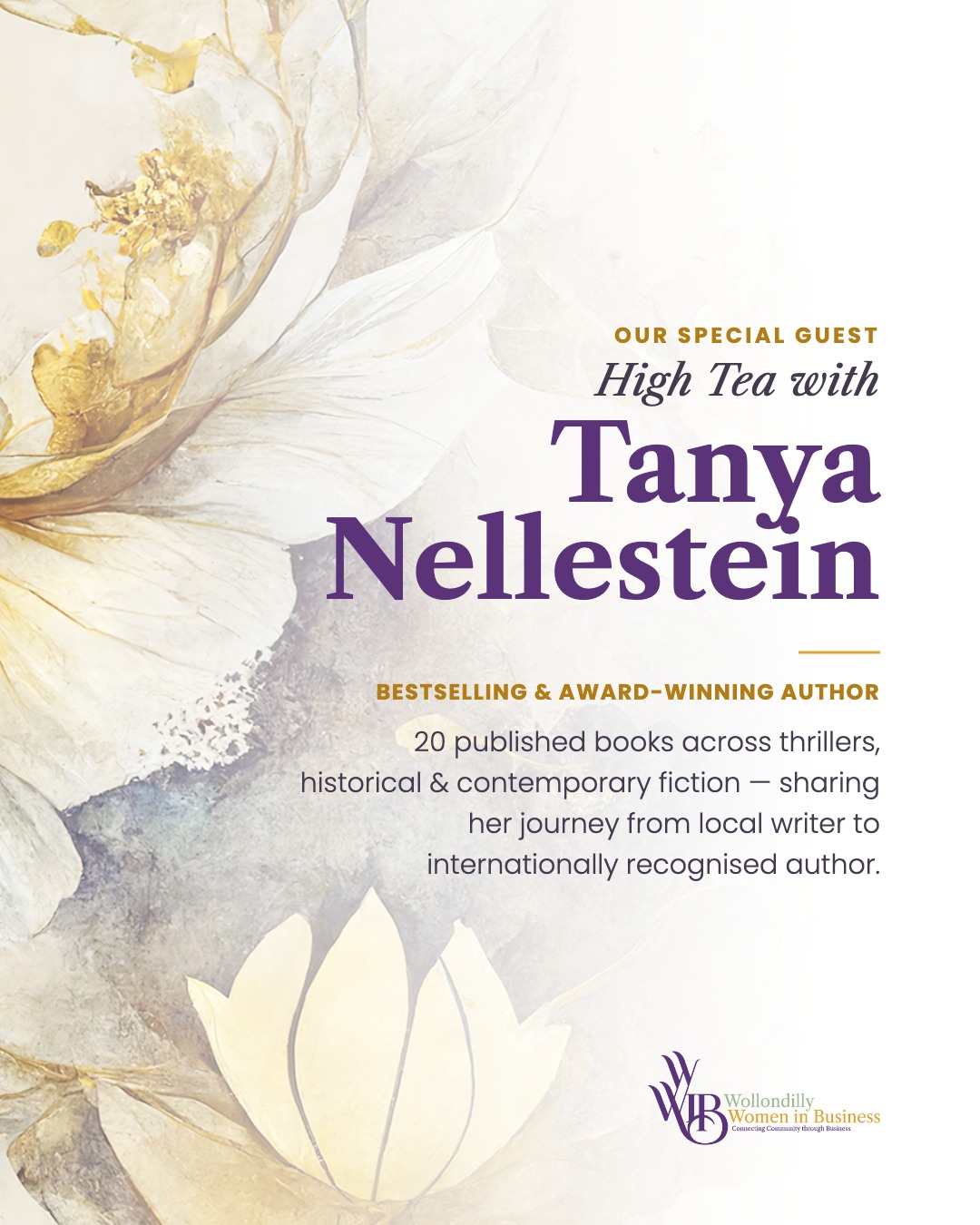 We are so excited to share that our special guest for Women’s Table High Tea will be Tanya Nellestein.
Tanya is a bestselling and award-winning author with 20 published books across thrillers, historical fiction, and contemporary fiction.
She will be joining us for high tea and sharing her journey from local writer to internationally recognised author — and we cannot wait to hear her story.
This will be a warm, intimate afternoon of connection, conversation, community, and inspiration.
Seats are limited to 30 women only, so gather a friend and book your place.
Tuesday 30 June 2026
12:00pm – 2:30pm
The Celebration Society, Picton
Link in our bio to book.