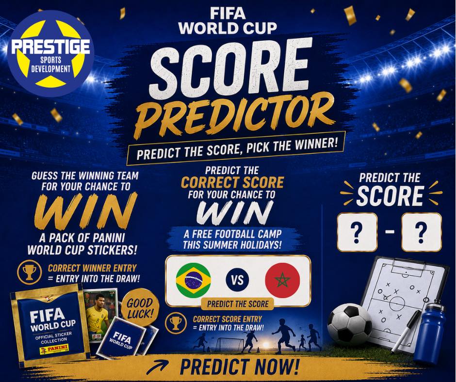FIFA World Cup Score Predictor is HERE! β½οΈπ
Think you know football? Put your predictions to the test! π We will run our score predictor on selected World Cup matches.
Brazil π§π· vs Morocco π²π¦
Saturday 13th June 11pm kick off.
π Predict the winning team for your chance to WIN a pack of Panini World Cup stickers
β½ Predict the correct score for your chance to WIN a FREE football camp this Summer Holidays!
π² Comment your score prediction below to enter!
π₯ Good luck everyone β may the best football expert win!
#WorldCup #ScorePredictor #Football #PrestigeSportsDevelopment #FootballCamp #PaniniStickers #SummerHolidays #Giveaway #FootballFun