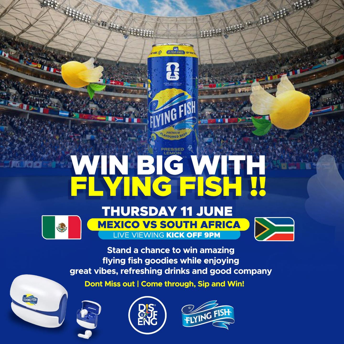 🍺 WIN BIG with FLYING FISH this Thursday! 🔥
🇿🇦 MEXICO VS BAFANA BAFANA LIVE at Disoufeng Pub!
Kick off 9PM | 11 June
Sip, vibe & stand a chance to win amazing Flying Fish goodies! 🎁
Great drinks, electric atmosphere & good company guaranteed!
Don’t miss out Soweto! Come through, Sip and WIN! 🏆
📍 Disoufeng Pub | Thursday 11 June | 9PM sharp
#FlyingFish #MexicoVsSouthAfrica #BafanaBafana #DisoufengPub #WorldCup2026 #SowetoVibes #LiveMatch #SipAndWin