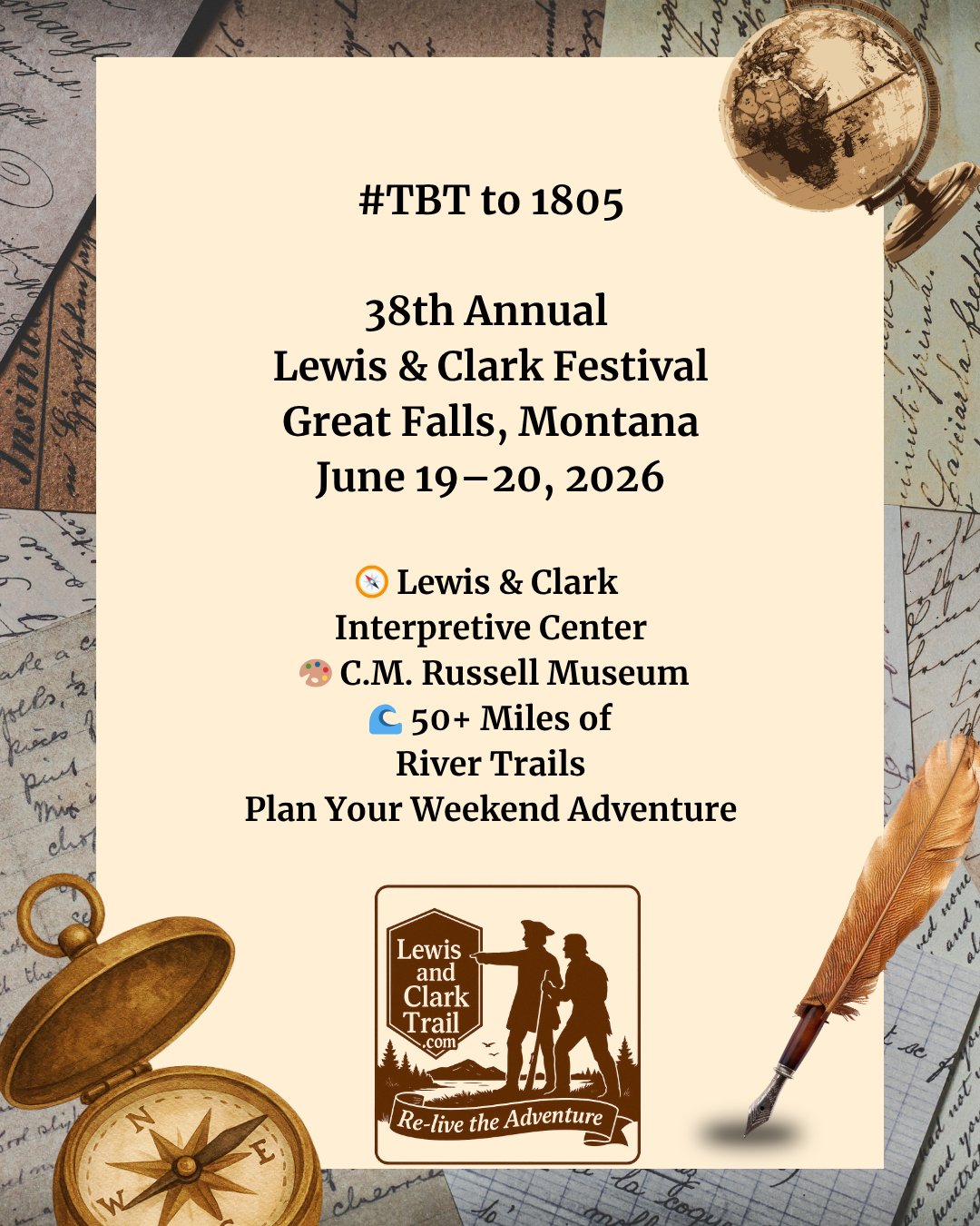 #TBT to 1805
For 32 grueling days, the Corps of Discovery struggled to portage around the five Great Falls of the Missouri River—one of the toughest challenges of the entire expedition.
Today, you can stand where history happened at the Lewis & Clark Interpretive Center and celebrate that legacy during the 38th Annual Lewis & Clark Festival in Great Falls, Montana, June 19–20, 2026.
#LewisAndClarkTrail #GreatFallsMT #MontanaAdventure #BigSkyCountry #LewisAndClarkFestival #ReliveTheAdventure