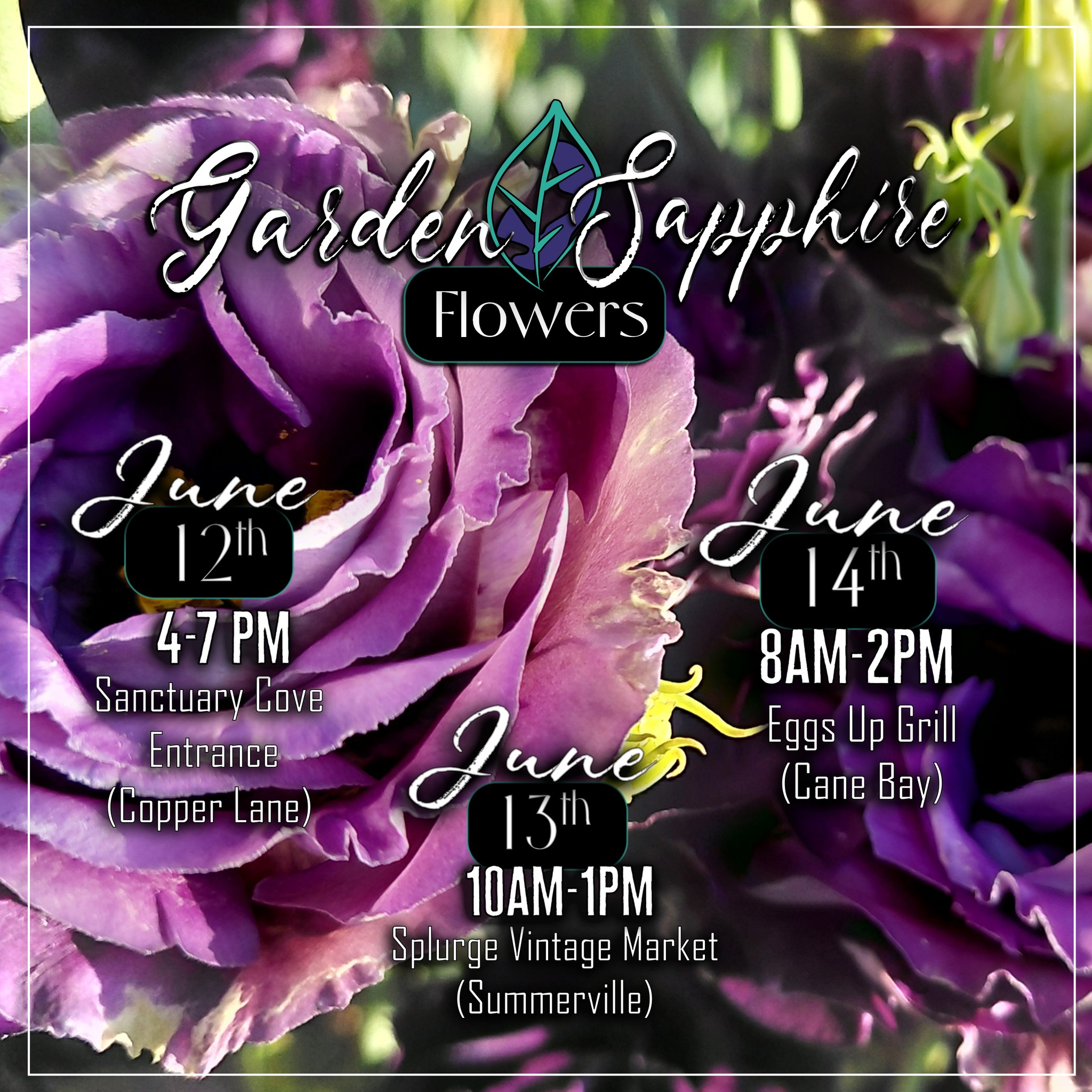 We will be out and about this weekend with our lovely Lisianthus!
We are braving the high temperatures! We hope to see you at one of our three locations this weekend.
We will be at our Cane Bay Location Friday evening, Splurge Vintage Market (in Summerville) on Saturday, and Eggs Up Grill (in Cane Bay) on Sunday morning. Rain or Shine, we will be there....unless there is a crack or two of lightning!
Can't wait to see you!
@followers
@eug_charleston
@splurgevintagemarket