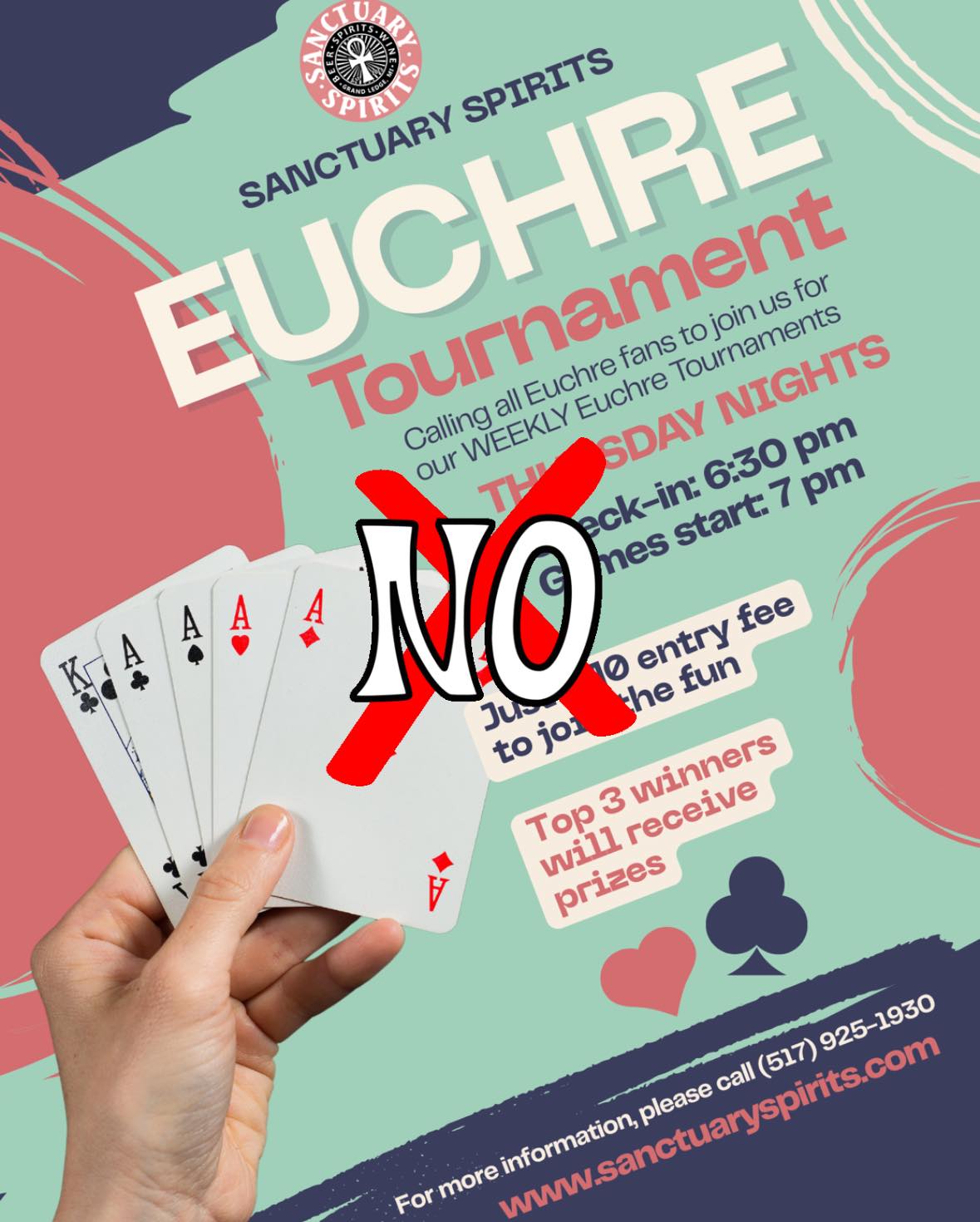 ♥️♣️ Euchre is CANCELED for tonight♥️♣️
With a number of players out and our hostess on vacation we are taking a week off from our Euchre tournaments.
We will be back in action Thursday June 18th at 7:00 pm
#euchrenight #euchretournament #sanctuaryspirits