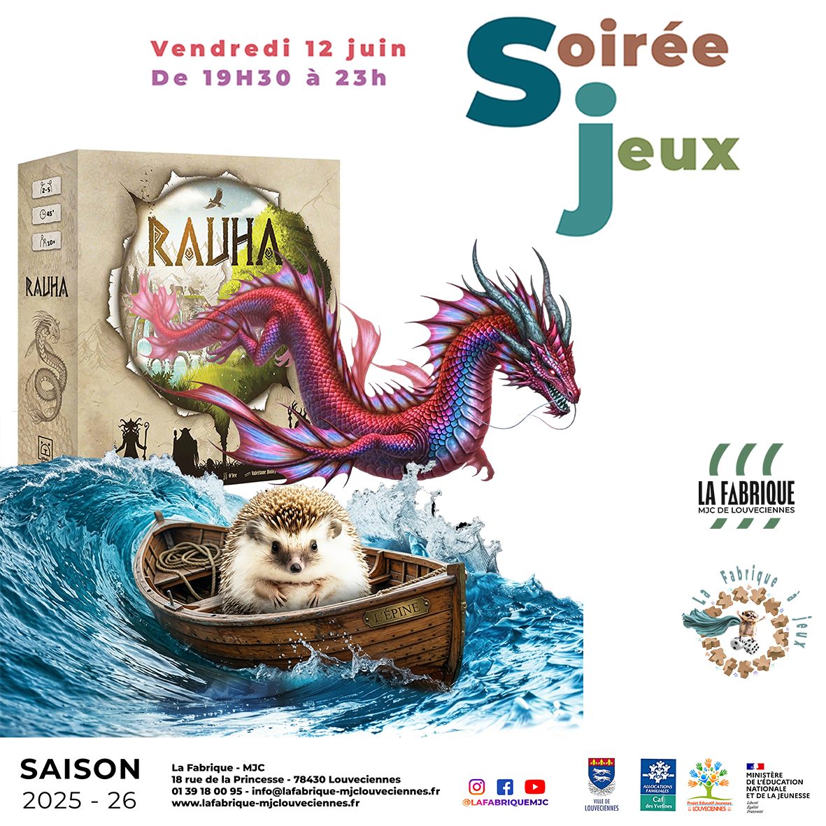 🎲 SOIRÉE JEUX 🎲
Vendredi 12 juin 2026 - 19h30-23h00
Skyjo, 7 Wonders, les Aventuriers du Rail… Ces noms vous disent quelque chose ? Venez les tester ainsi que plein d’autres parmi la centaine de jeux de notre collection !
Atelier pâtisserie 18h30 et buvette des ados sur place.
Ados/adultes
