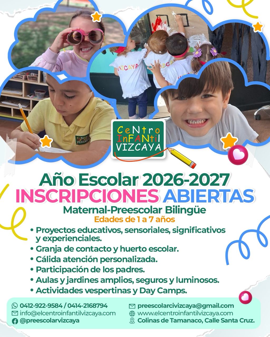 ¡El futuro de tu hijo comienza AQUÍ! 🚀
¿Buscas un lugar donde tu pequeño aprenda, juegue y crezca feliz? En el Centro Infantil Vizcaya, transformamos el aprendizaje en una aventura inolvidable. 🌟
Nuestro programa Maternal-Preescolar Bilingüe (de 1 a 7 años) ofrece:
✅ Proyectos educativos, sensoriales, significativos y experienciales.
✅ ¡Una granja de contacto y huerto escolar! 🥕🐔
✅ Atención cálida y personalizada.
✅ Participación activa de los padres.
✅ Espacios amplios, seguros y llenos de luz.
✅ ¡Y mucho más con actividades vespertinas y Day Camps!
👉 ¡No esperes más! Las inscripciones para el Año Escolar 2026-2027 están ABIERTAS.
Contáctanos por DM o al 0412-922-9584 para reservar tu cupo.
¡Cupos limitados!
