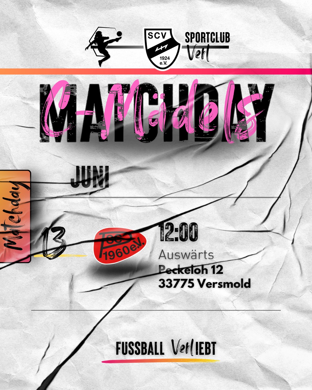 C-Mädels – Saisonabschluss in Peckeloh ⚽🖤🤍
Ein letztes Spiel, bevor es in die Sommerpause geht. ☀️⚽
Unsere C-Mädels sind am Samstag zu Gast beim SC Peckeloh.
Der Gegner spielt ohne Wertung und auch tabellarisch steht für uns bereits alles fest – deshalb geht es vor allem darum, gemeinsam noch einmal eine gute Zeit auf dem Platz zu haben.
Nach einer starken Saison wollen die Mädels den Spielbetrieb mit viel Spielfreude, Teamgeist und einem Lächeln beenden. 💪🖤🤍
📅 Samstag, 13.06.2026
⏰ 12:00 Uhr
📍 Edeka Farthmann Sportpark, Versmold
Saisonabschluss. Teamgeist. Fußballspaß.
#Mädchenfußball #SCVerl #cmädels #FussballVERLiebt #verlplay #Auswärtsspiel #Saisonfinale #Teamgeist