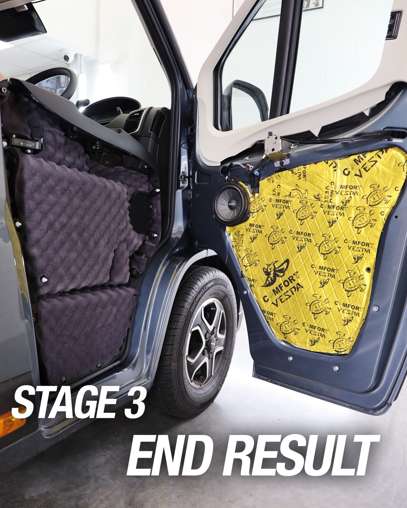 Part of our motorhome "Premium" Triple Audio Package is the "3 Stage" door transformation!
- Stage 1 Comfort Mat 2.5mm Vespa sound deadening on window regulator panel
- Stage 2 Comfort Mat 2.5mm Vespa sound deadening on outer door skin
- Stage 3 Comfort Mat 15mm Soft Wave noise absorber on door card
👉 Want to upgrade your motorhome? Get in touch through our website today!
