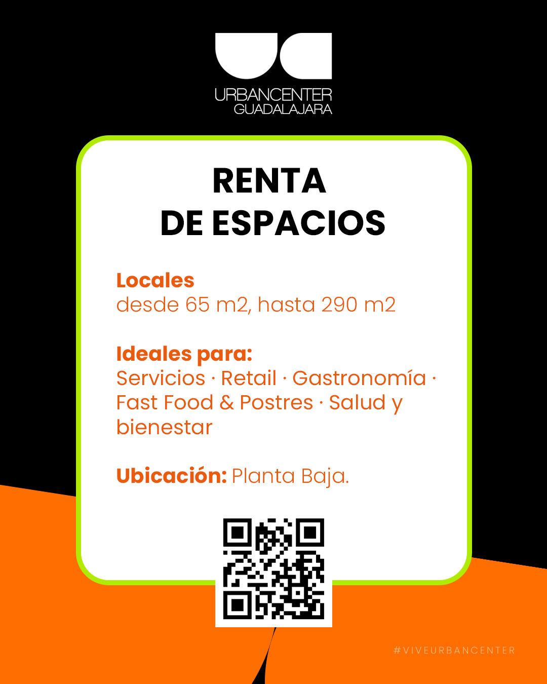 Tu marca merece estar en un punto con movimiento, visibilidad y grandes oportunidades.
Conoce los espacios disponibles en Urban Center Guadalajara, con locales desde 65 m² hasta 290 m² en planta baja.
📍Urban Center Guadalajara
Av. Adolfo López Mateos Sur 7000, La Rioja, Los Gavilanes, 45645 Los Gavilanes, Jal.
📲 Escanea el código QR y solicita más información.
#ViveUrbanCenter #UrbanCenterGuadalajara #RentaDeEspacios #LocalesComerciales #EmprendeEnGuadalajara #RetailGDL #NegociosGDL