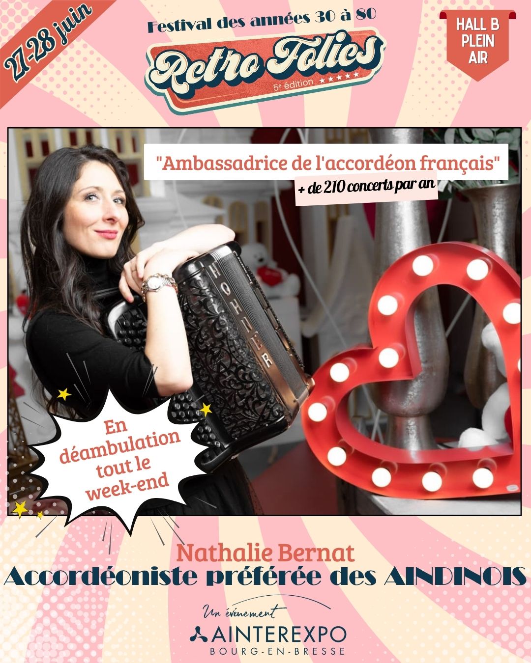 🎶✨ Une figure incontournable de la scène culturelle aindinoise sera présente au festival !
Retrouvez@nathaliebernat_, l'accordéoniste préférée des Aindinois, pour partager des moments de musique, de convivialité et de bonne humeur tout au long de l'événement en déambulation.
🏆 Triple Championne du Monde d'accordéon
🏅 Ambassadrice du Patrimoine Culturel Immatériel en France depuis 2026
🎵 Plus de 40 albums à son actif
Véritable référence de la musique populaire et de la chanson française, Nathalie Bernat fait vibrer les plus grands événements du territoire. D'Ainterexpo aux grands rendez-vous nationaux, elle transmet avec passion l'esprit guinguette, les bals populaires et tout un patrimoine musical qui rassemble les générations.
✨ Une artiste d'exception, profondément attachée à notre territoire, qui fait danser et chanter les Aindinois depuis de nombreuses années.
🎶 Préparez-vous à fredonner quelques refrains... et peut-être même à esquisser quelques pas de danse !
📍 Retrouvez-la Samedi 27 et Dimanche 28 juin - Toute la journée en déambulation durant le festival !
Ainterexpo, Bourg-en-Bresse
🎫 Réserve ton pass prévente ici > bit.ly/RetroFolies26
#RetroFolies #RetroFolies2026 #Ainterexpo #BourgenBresse