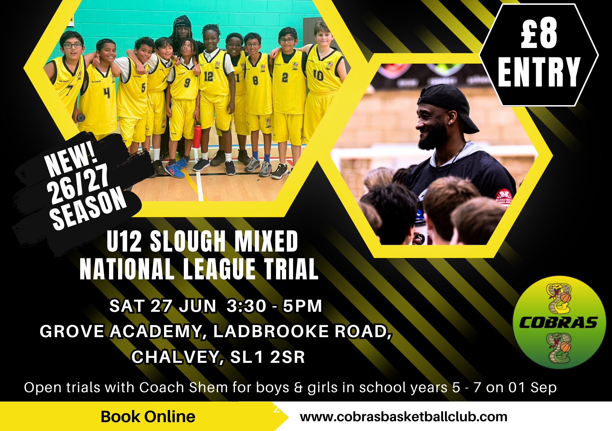 📢 Next Season Cobras are launching an U12 National league team in Slough. This team will train twice a week & play in a higher level league.
Join Coach Shem for Slough Cobras U12 National League open trials on Sat 27 June
🕰️3.30 - 5pm
🏫 Grove Academy Slough SL1 2SR
Please register to attend via our public calendar:
https://hosted-uk.coacha.app/YJ83ADGO
#slough #sloughtown #windsor #basketballengland #nblengland #ukbasketball