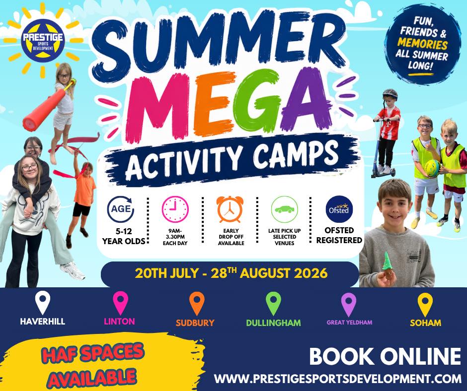 βοΈ SUMMER MEGA ACTIVITY CAMP! βοΈ
Get ready for an action-packed summer filled with fun, sports, games, friends and memories! πβ½π
π Venues:
Haverhill, Linton, Sudbury, Dullingham, Great Yeldham & Soham
β
Trusted childcare
β
Ofsted registered
β
For children aged 5β12
β
Early drop off available
β
Late pick up at selected venues
β
Tax-Free Childcare payments accepted
π₯ BOOKINGS ARE NOW OPEN ONLINE! π₯
β° Early bird pricing available until 10th July β donβt miss out!
ποΈ HAF spaces available in:
π Haverhill
π Linton
π Dullingham
π Sudbury
Spaces are filling fast, so secure your childβs place today! π
π» Book now:
π www.prestigesportsdevelopment.com
#PrestigeSports
#HolidayCamp
#SportsCamp
#MultiSportsCamp
#SchoolHolidayActivities
#HolidayChildcare
#ActiveKids
#KidsActivities
#ScreenFreeFun
#SuffolkKids
#SuffolkMums
#CambridgeshireMums
#EssexMums
