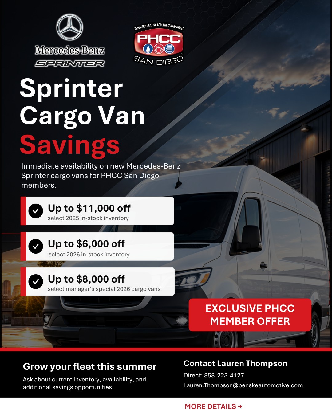 PHCC San Diego members: ready to grow your fleet this summer?
Mercedes-Benz of San Diego is offering exclusive savings on select new Sprinter Cargo Vans, with immediate availability on 2025 and 2026 inventory.
🚐 Up to $11,000 off select 2025 inventory
🚐 Up to $6,000 off select 2026 inventory
🚐 Up to $8,000 off select manager’s special inventory
🚐 Additional savings opportunities may be available
#PHCCSD #MercedesBenzSanDiego #SprinterVan #SprinterCargoVan #ContractorLife #PlumbingContractor #HVACContractor #SanDiegoContractors