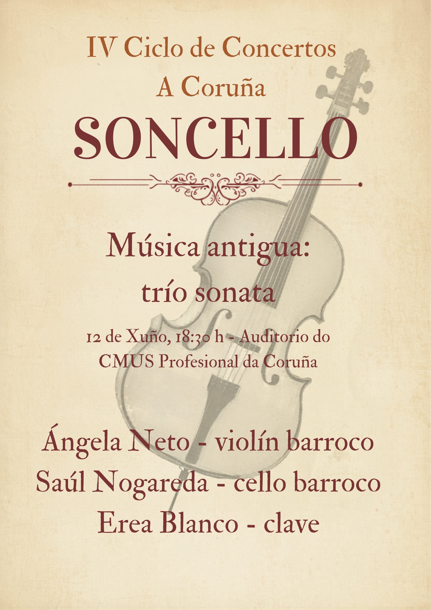 🎼 𝐈𝐕 𝐂𝐈𝐂𝐋𝐎 𝐃𝐄 𝐂𝐎𝐍𝐂𝐄𝐑𝐓𝐎𝐒 𝐒𝐎𝐍𝐂𝐄𝐋𝐋𝐎: 𝐂𝐇𝐄𝐆𝐀 𝐎 𝐒𝐄𝐗𝐓𝐎 𝐂𝐎𝐍𝐂𝐄𝐑𝐓𝐎!🎻
Esta semana viaxamos no tempo para gozar da beleza e a elegancia da música de época. Convidámosvos a unha cita imprescindible coa música antiga e o formato íntimo da 𝑡𝑟𝑖́𝑜 𝑠𝑜𝑛𝑎𝑡𝑎.
Apunta ben todos os detalles para non perdelo:
📅 Venres, 12 de Xuño
🕦 A que hora? 18:30 h
📍 Auditorio do CMUS Profesional da Coruña
🌟 No escenario
Temos o luxo de contar con tres grandes talentos que nos farán vibrar cos seus instrumentos históricos:
* 🎻 𝗔́𝗻𝗴𝗲𝗹𝗮 𝗡𝗲𝘁𝗼 – Violín barroco
* 🎻 𝗦𝗮𝘂́𝗹 𝗡𝗼𝗴𝗿𝗲𝗱𝗮 – Cello barroco
* 🎹 𝗘𝗿𝗲𝗮 𝗕𝗹𝗮𝗻𝗰𝗼 – Clave
Deixádevos levar polos sons máis puros do Barroco nun espazo inmellorable. Entrada de balde ata completar a capacidade do auditorio. Esperámosvos!
Cultura da Deputación da Coruña
#MúsicaAntiga #Soncello #ACoruña #Concerto #CelloBarroco #ViolínBarroco #Clave #CulturaGalega #CMUSCoruña
