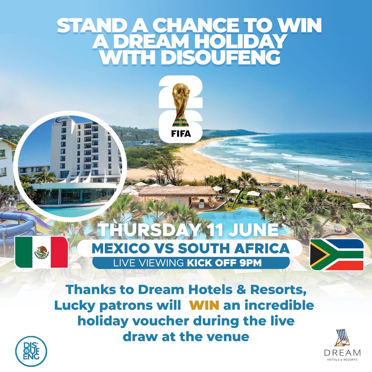 🏆 DREAM HOLIDAY GIVEAWAY 🏆
Be at Disoufeng on match day and stand a chance to WIN a Dream Hotels & Resorts holiday voucher!
Simply:
⚽ Attend the Bafana Bafana vs Mexico viewing
⚽ Register on arrival
⚽ Watch the game
⚽ Stay for the lucky draw
One supporter will walk away with a dream holiday!
📍 Disoufeng Pub & Restaurant
📻 Powered by Jozi FM
#JoziFMxDisoufeng #DreamHotelsAndResorts