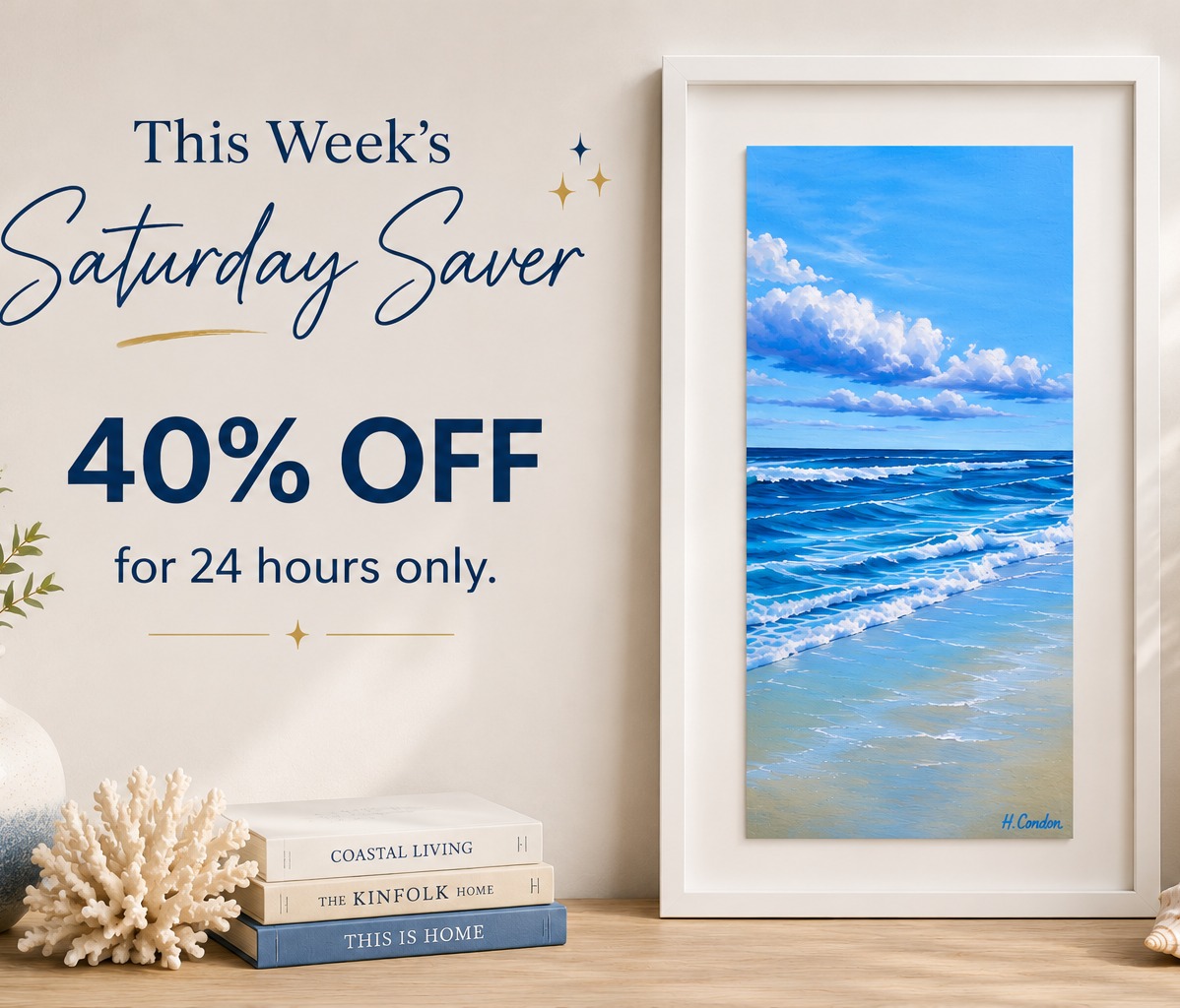 ✨ SATURDAY SAVER ✨
Blue Treasure goes live at midnight tonight.
40% OFF for 24 hours only with code SATURDAYSAVER.
A peaceful coastal painting full of soft blues, light and calm.
Available from midnight.
Link- https://www.helencondonart.com/product-page/blue-treasure