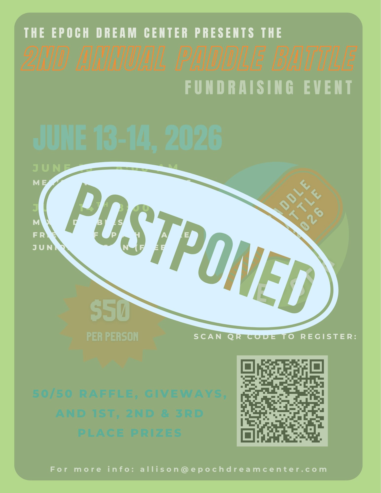 A quick Paddle Battle update! 🏓
We have made the decision to postpone our Paddle Battle Pickleball Tournament Fundraiser.
A huge thank you to everyone who registered, shared the event, sponsored the tournament, and helped spread the word. We'll be exploring future dates and will share updates as they become available. Be on the lookout this fall for more information!
Thank you for being part of the Epoch community! 💙