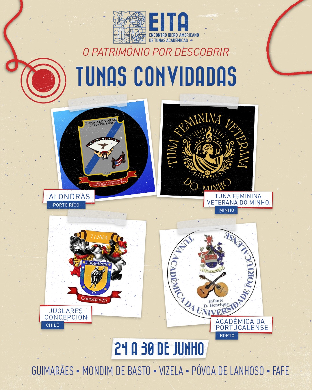As últimas tunas confirmadas chegam de Porto Rico, Chile, Porto e Minho, encerrando um cartaz que reúne diferentes culturas, gerações e formas de interpretar a Tuna.
Uma tradição com raízes comuns.
Uma identidade construída por muitos lugares.
Estamos prontos para mais uma edição do EITA - E tu?
#eita #veita #eita2026