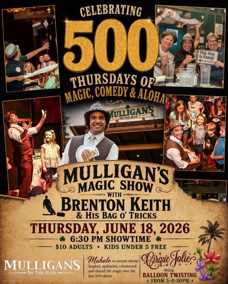 I've been having really good shows and really good crowds lately. It feels really good to be celebrating 500 Shows next Thursday, June 18th. The Amazingly Talented and Wildly Fun Cirque Jolie will be there with a big ol' 500 Balloon, and also Balloon Twisting to warm up the crowd from 5-6:30pm before Showtime. Come see what's been going on down there at the Mulligans Magic Show for well over a decade. Still only $10. Reservations are impoortant! www.mulligansontheblue.com #mulligansmagicshow #magicbrent #rainingentertainment #magiconmaui