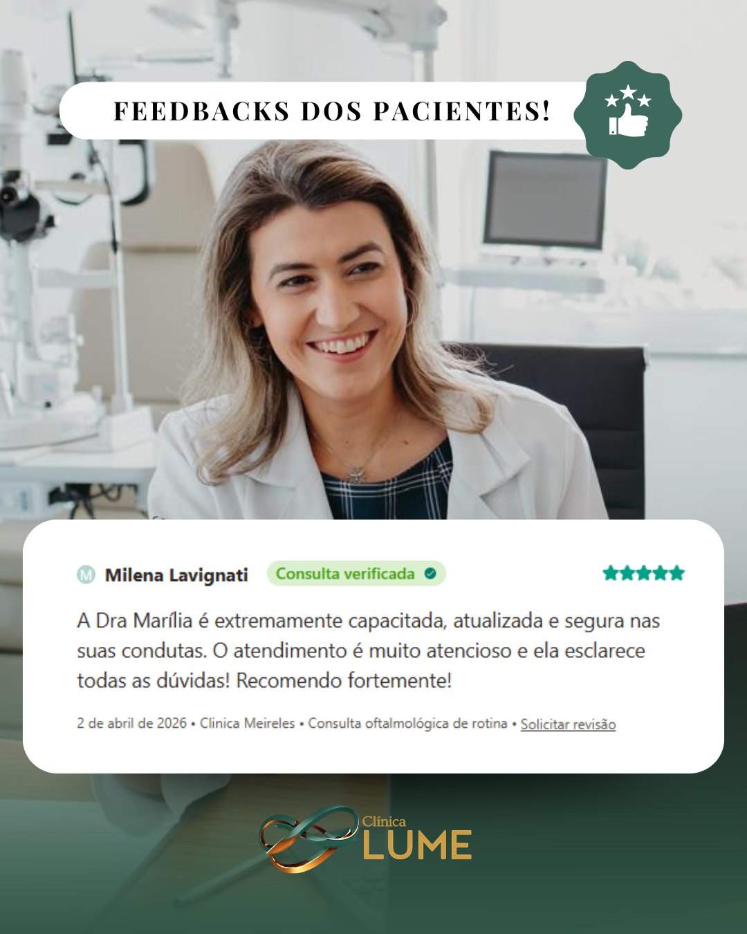 Sua visão merece cuidado, atenção e confiança.
Receber mensagens como essa nos lembra do propósito que nos move todos os dias: oferecer um atendimento humanizado, seguro e baseado na excelência médica. 💚
Agradeço à Milena pelo carinho e pela confiança depositada no meu trabalho. Saber que consigo transmitir segurança, esclarecer dúvidas e proporcionar uma experiência acolhedora é uma das maiores recompensas da minha profissão.
Cada consulta é uma oportunidade de cuidar não apenas da saúde ocular, mas também de promover mais qualidade de vida para meus pacientes.
📍 Clínica Lume
📞 Agende sua consulta e cuide da sua visão com quem valoriza cada detalhe do seu atendimento.
#DraMariliaTrindade #Oftalmologia #SaudeOcular #CuidadoComAVisao #FeedbackPaciente