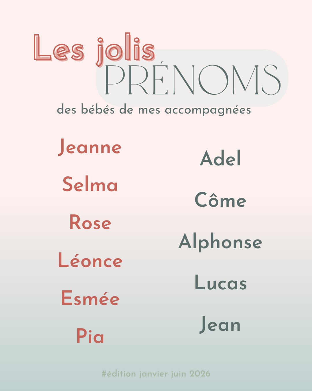 Ce que j'adore aussi dans mon métier ce sont vos annonces de naissance <3 et la découverte des prénoms de vos bébés 🩷🥰
2026 a commencé particulièrement avec une petite Jeanne et un petit Jean nés à 1 mois d'écart ! J'ai eu le plaisir de rencontrer Alphonse, le petit frère d'un petit garçon né tout juste un an avant, sa maman m'a fait confiance une seconde fois 🥰
Chacun de ces prénoms inscrit son histoire dans mes souvenirs de doula 🩷
Et vous, quels prénoms portent vos enfants ? Quels sont les prénoms qui vous ont marqué en ce début d'année ?
#doulacharlie #doula #prénombébé