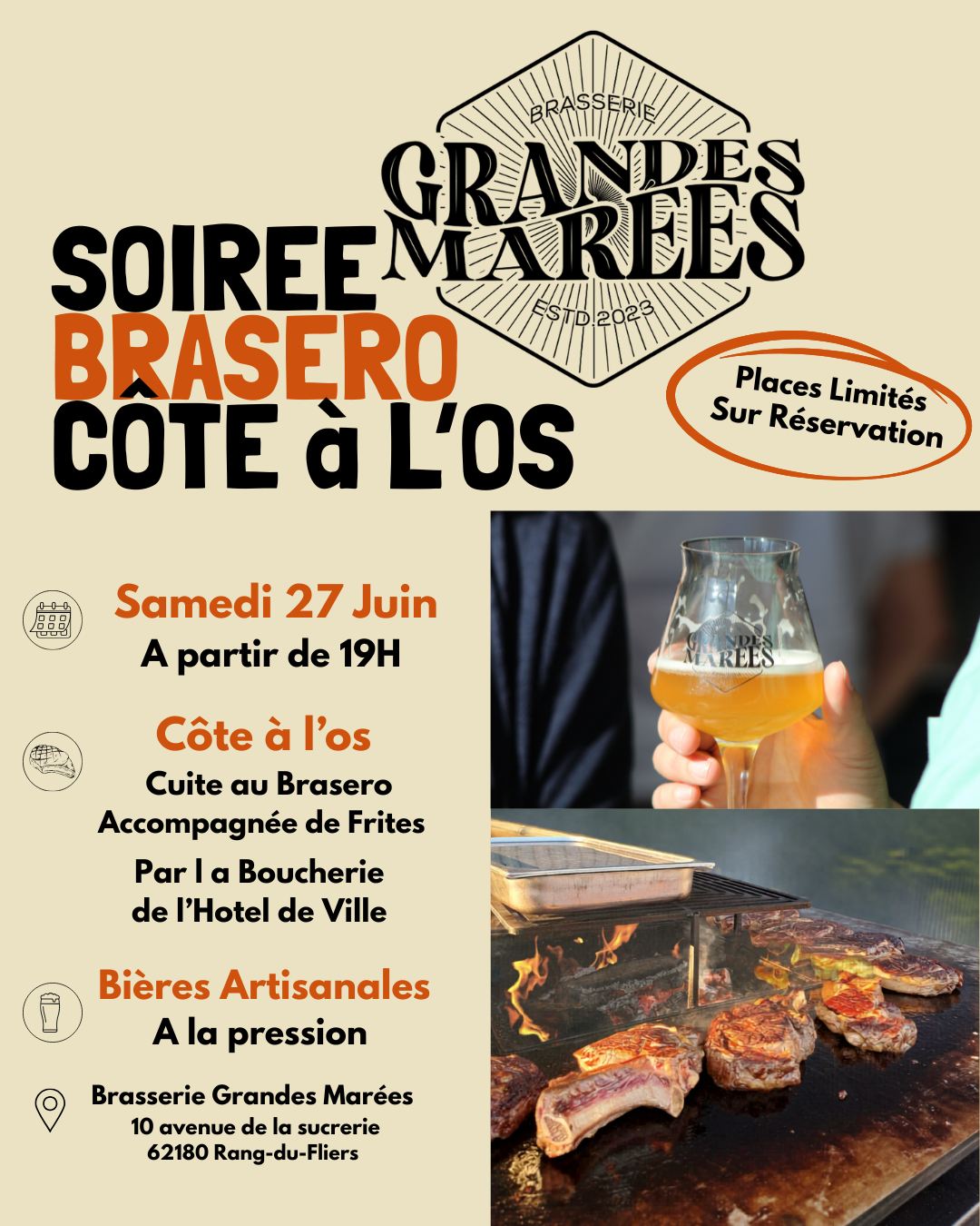 🔥🌊 Soirée Brasero Côte à l'Os 🌊🔥
Le retour des braseros de l'été, on vous donne RDV le Samedi 27 Juin 19h !
Toujours accompagnés de Julien de la Boucherie Hôtel de Ville , qui vous servira sa meilleure côte à l'os frites ! 🥩🍟
Au programme de la bière pression🍺(et du rosé🍷) et un concert 🥁🎺 🎼 !
Repas à 26€/personne, réservation obligatoire, les places sont limitées et partent très vite !
Réservez via Facebook, Instagram ou au 0391891377 📞
#brasseriegrandesmarees #brasserieartisanale #cotedopale #brasero #biere #concert #boucheriehoteldeville #terrasse #apero