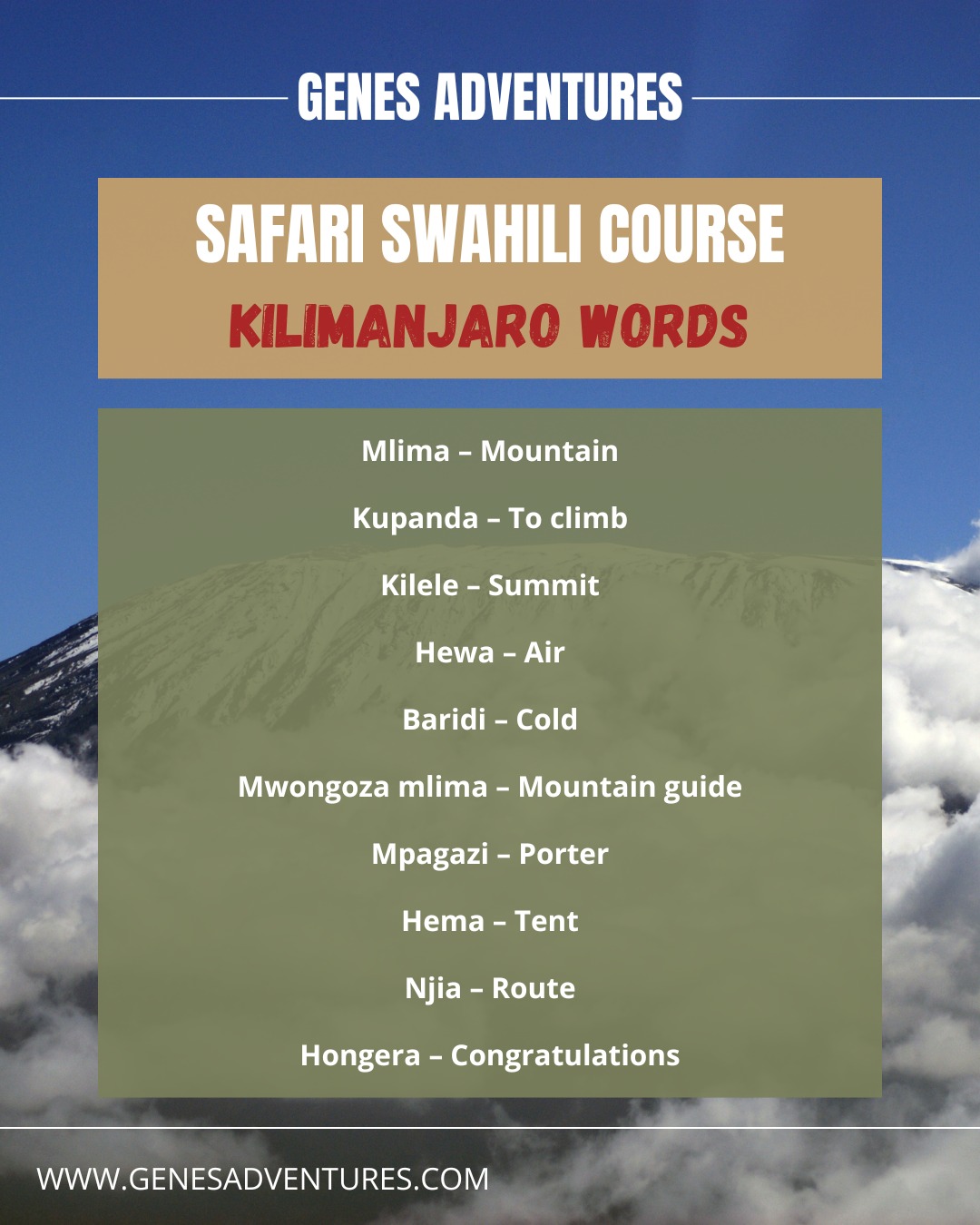 ⛰️ Dreaming of climbing Kilimanjaro?
These Swahili words are often heard on Africa’s highest mountain 🇹🇿
#genesadventures #kilimanjaro #swahilicourse #mountainlife #adventuretravel