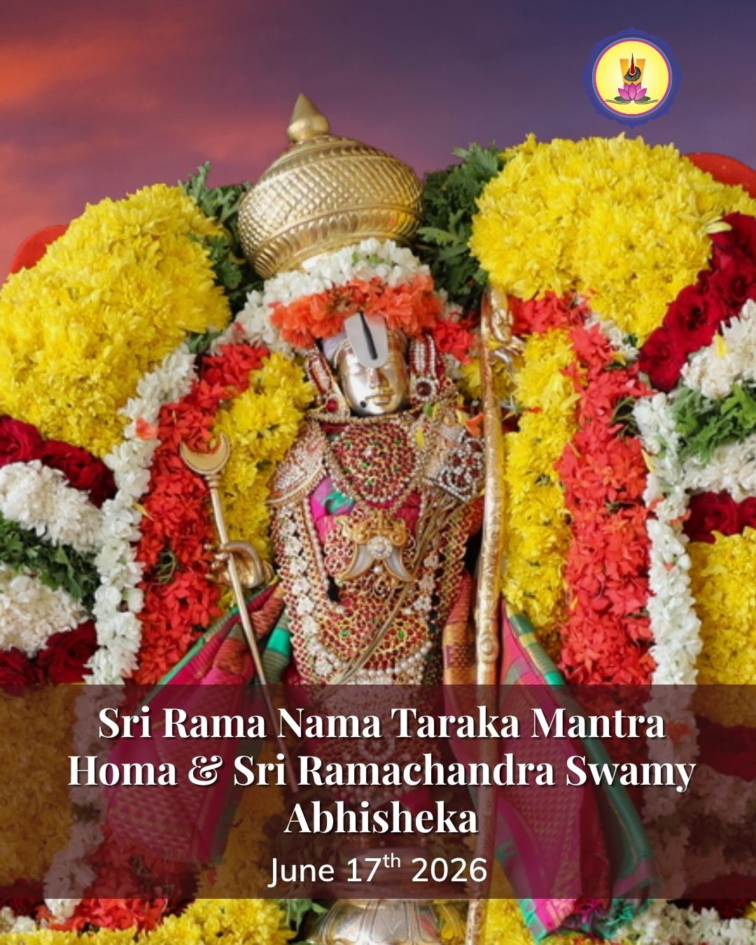🌼Sri Rama Nama Taraka Mantra Homa & Abhishekam 🌼
🌼June 17th🌼
On the special day of Punarvasu Nakshatra which holds a special significance in relation to Lord Sri Rama we are performing the Sri Rama Nama Taraka Mantra Homa & Abhishekam on June 17th at Sri Srinivasa Saligrama Devasthanam.
The Punarvasu nakshatra is symbolized by a bow and quiver of arrows, which align with Lord Rama's weaponry, reinforcing the connection between the nakshatra and the deity. This nakshatra also signifies return, renewal, and stability, symbolic of Rama's return to Ayodhya and the restoration of dharma.
Performing Abhishekam during Punarvasu Nakshatra is believed to invoke the blessings of Lord Rama in abundance. The mantra chanting and abhishekam performed together are said to purify the mind, remove obstacles, and bring spiritual upliftment, while also ensuring prosperity, harmony, and success in personal and family life.
Let us take part in the Sri Rama Nama Taraka Mantra Homa & Abhishekam and invoke the grace of Lord Rama for protection, peace, and dharma.
To participate visit www.saligrama.org
#SriSrinivasaSaligramaDevasthanam
