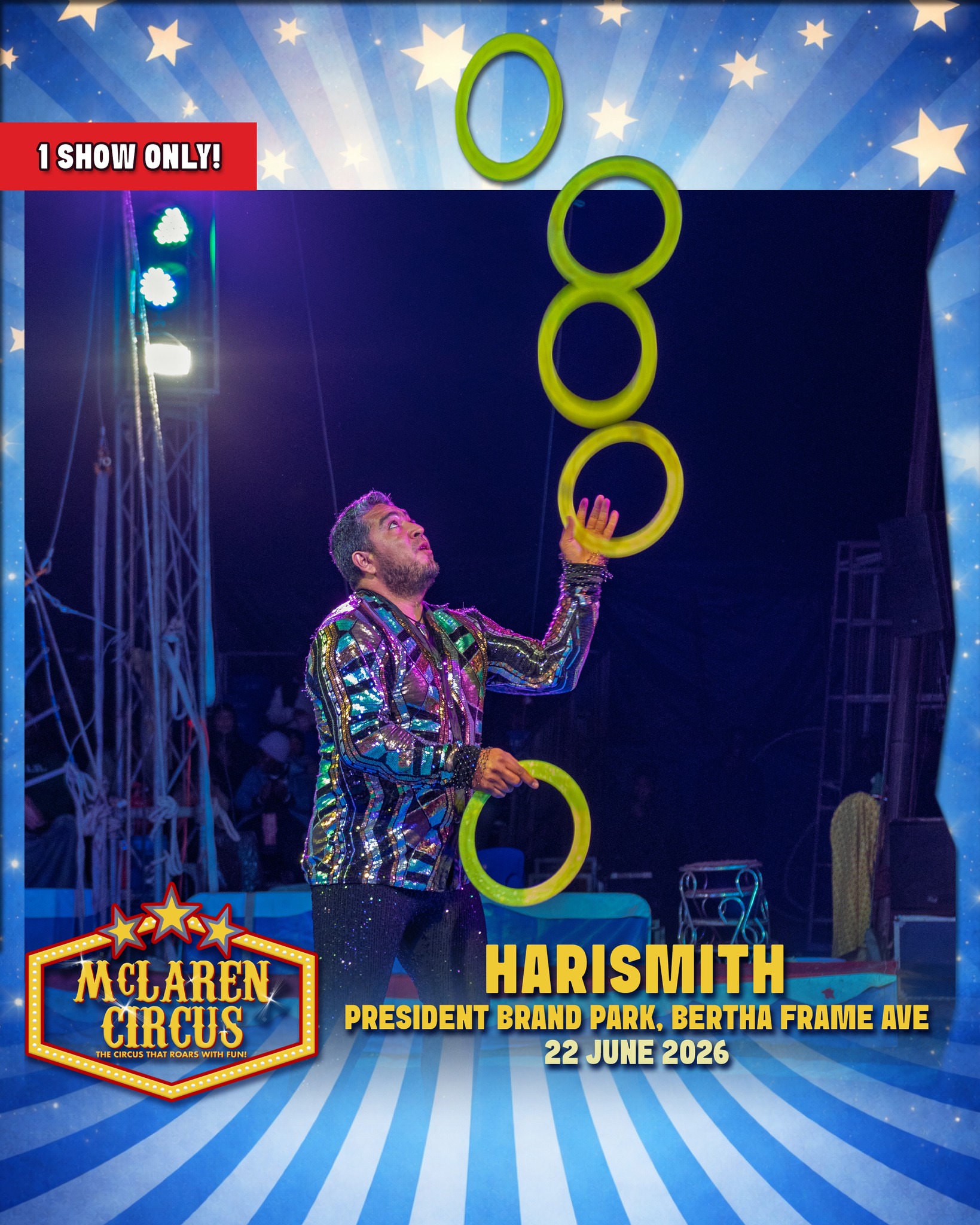 🎪✨ Family fun, for the entire family (and in-laws) in #Harrismith
Experience an unforgettable International Circus Spectacular, packed with thrilling action, breathtaking performances, and timeless circus magic for the whole family.
🗓️ SHOW TIMES:
• Mon, 22 Jun 2026 @ 6 PM
🎟️ Ticket Prices:
Back Chairs R175 | Side Chairs R195 | Raised Chairs R225 | Silver Ringside R250 | Gold Ringside R295
🎪 Ticket Office opens daily at 12 PM on show days
www.mclarencircus.co.za | WHATSAPP: http://wa.me/message/BGE2GJWJ5DLDC1