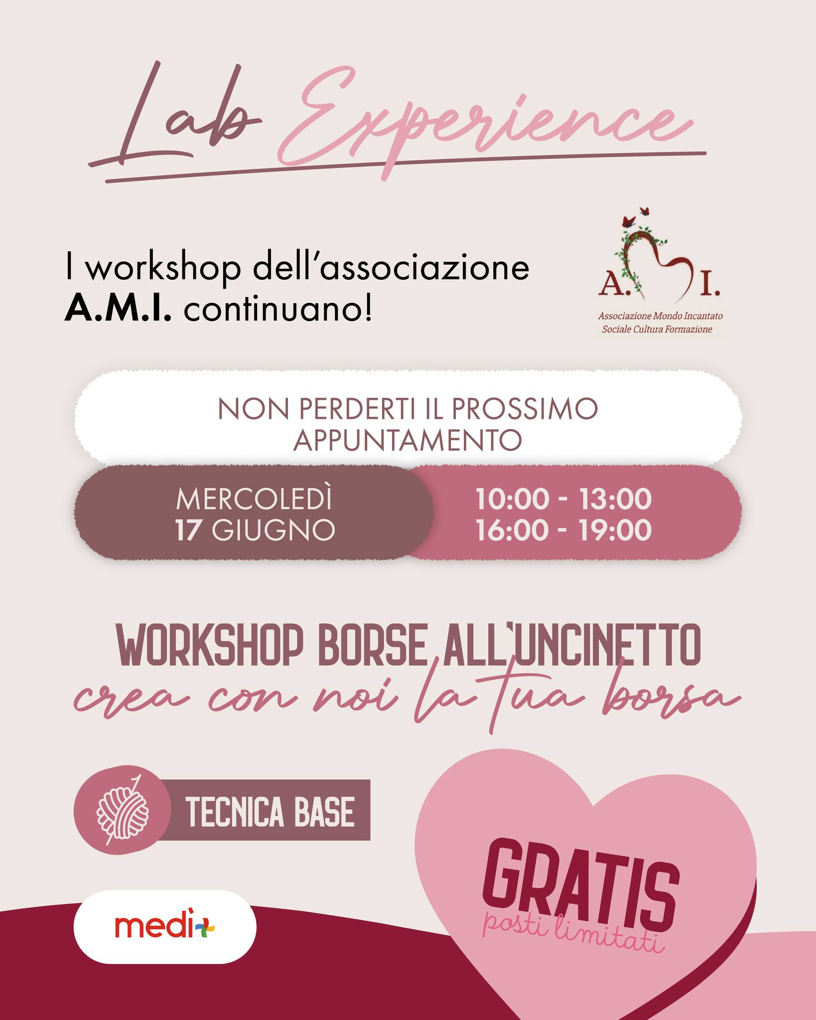 ✨ Il primo appuntamento è stato solo l’inizio!
La Lab Experience dell’Associazione Mondo Incantato (A.M.I.) continua con un nuovo incontro dedicato all’uncinetto. Se non sei riuscito a partecipare o vuoi proseguire il tuo percorso creativo, questa è l’occasione giusta per metterti alla prova e realizzare una splendida borsa fatta a mano. 🧵💕
📍 Mercoledì 17 Giugno
⏱ Fasce orarie: 10:00-13:00 o 16:00-19:00
📞 Prenota al 349 3473788
La partecipazione è gratuita, ma i posti sono limitati.
👇 Tagga nei commenti chi potrebbe amare questa esperienza e prenota subito il tuo posto! ✨🧶
#CCMedi #CentroCommercialeMedi