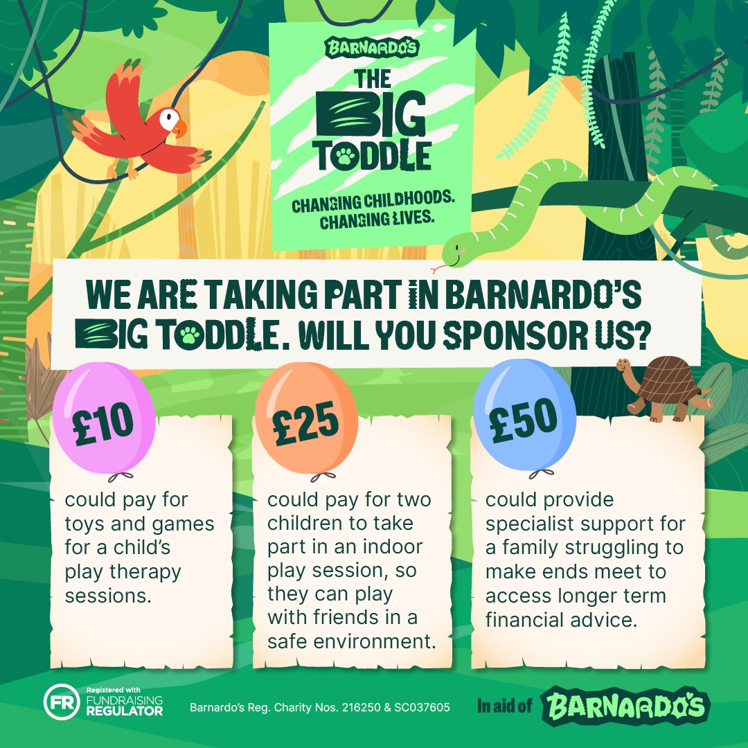 🐾 Just 1 week to go until The Big Toddle at Fife Zoo! 🐾
Next Thursday, our little explorers will be toddling around the zoo in support of Barnardo’s Big Toddle 2026.
Join us for a fun-filled morning with:
🦁 A half-mile toddler-friendly route around the zoo
🎨 Safari-themed activity packs
🥤 Juice and biscuits
🏅 Certificates for little toddlers
🖍️ Animal masks, colouring and activities
🎨 Face painting available for a small charge
Children are welcome to dress up as their favourite animal, come in their comfiest pyjamas, or wear green for Barnardo’s.
Entry is £8 per child, with parents, carers and teachers going free.
Book your place here: https://www.fifezoo.org/the-big-toddle-at-fife-zoo