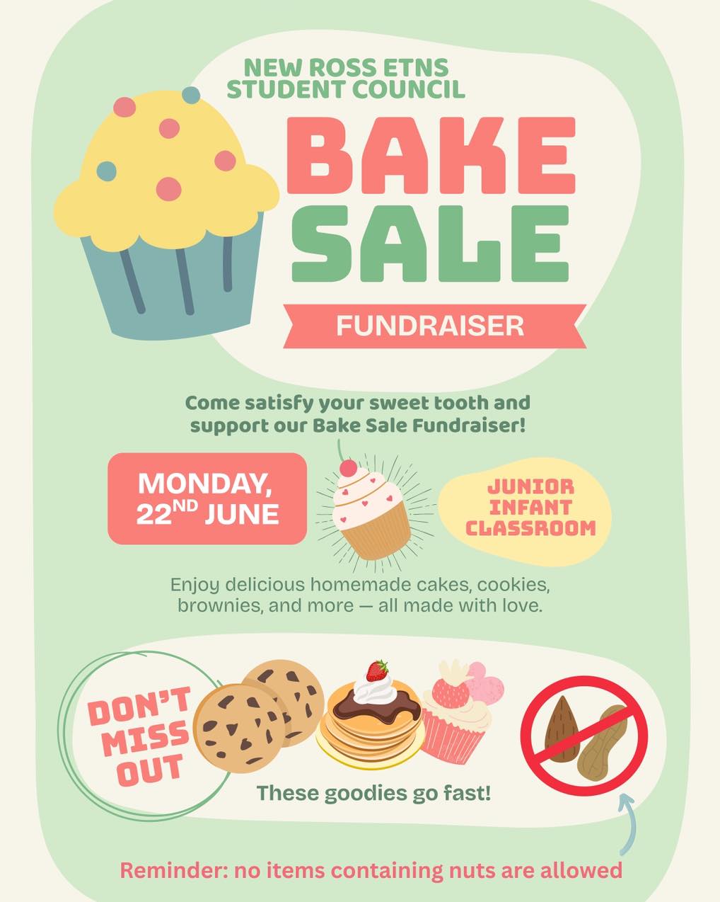 Next Monday, 22nd June, our Student Council is hosting a bake sale in aid of Dogs Trust. @dogstrust_ire @dogstrust
We’re asking our school community to bake nut free treats for this fundraiser. It will be hosted in Lorraine’s classroom and bakes can be delivered directly to the classroom from the school gate in the morning.
Go raibh míle maith agaibh, in advance!
#bakesale #fundraiser #studentcouncil #partnerships