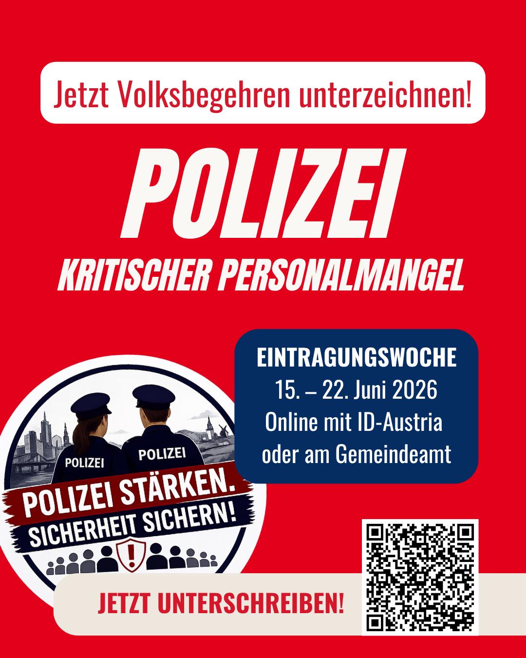 Vom 15. bis 22. Juni findet österreichweit die Eintragungswoche für das Volksbegehren "Polizei – Kritischer Personalmangel" statt. Die FSG in der AK Wien unterstützt die Initiative für faire Arbeitsbedingungen, mehr Planbarkeit und eine starke Exekutive.