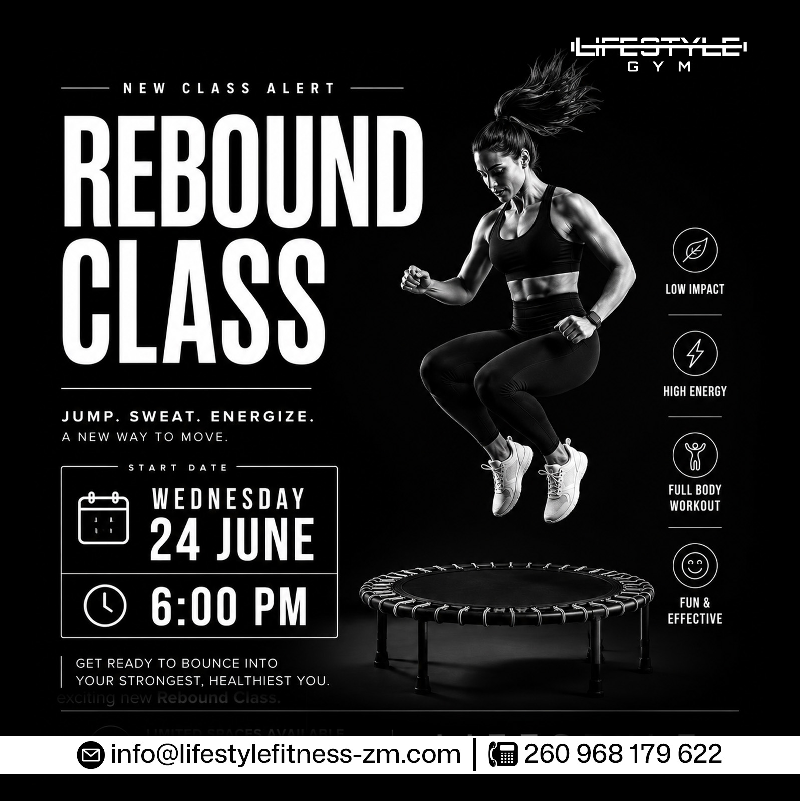 π₯ NEW CLASS ALERT β REBOUND CLASS! π₯
Ready to jump, sweat, and energize your fitness journey? Join our exciting new Rebound Class and experience a fun, low-impact workout that delivers high-energy results!
β
Low Impact
β
Full Body Workout
β
High Energy
β
Fun & Effective
Bounce your way to better fitness and become the strongest, healthiest version of yourself.
π
Starts: Wednesday, 24 June
β° Time: 6:00 PM
π +260 968 179 622
π§ info@lifestylefitness-zm.com
#LifestyleGym #ReboundClass #FitnessJourney #JumpSweatEnergize #FullBodyWorkout #LowImpactFitness #CardioWorkout #HealthyLifestyle #FitnessMotivation #WorkoutFun #GroupFitness #StayActive #StrongerEveryDay #LifestyleFitnessZM #LusakaFitness