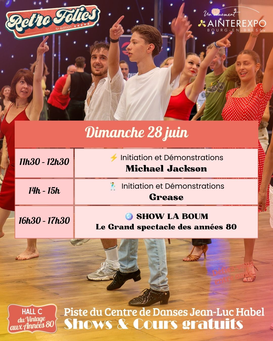 💃🕺 Prêts à enflammer la piste ?
Le @centre.de.danses.jl.habel vous donne rendez-vous tout au long du week-end dans le Hall C pour une série d'initiations gratuites, de démonstrations et de shows inspirées des plus grandes icônes de la danse et de la pop culture !
⚡Michael Jackson🕺Grease🔥 La Boum et bien plus !
Que vous soyez danseur confirmé ou simple curieux, ces animations sont ouvertes à tous dans une ambiance conviviale et festive.
🎶 C’est GRATUIT !
Save The Date : Samedi 20h & Dimanche 16h30 : Le Grand Show La Boum !
📍 Hall C – Du Vintage aux Années 80
📅 Dimanche 28 juin – Retro Folies
Alors, prêts à entrer dans la danse ? 😉✨
Prenez votre billet > https://www.festival-retrofolies.com
@jlhabel
@playfilmprod & @valc_prod
#RetroFolies #JeanLucHabel #Danse #MichaelJackson #Grease #Flashdance #Annees80 #Vintage #BourgEnBresse #Ainterexpo #DanceFloor #CoursDeDanse #FestivalRetro