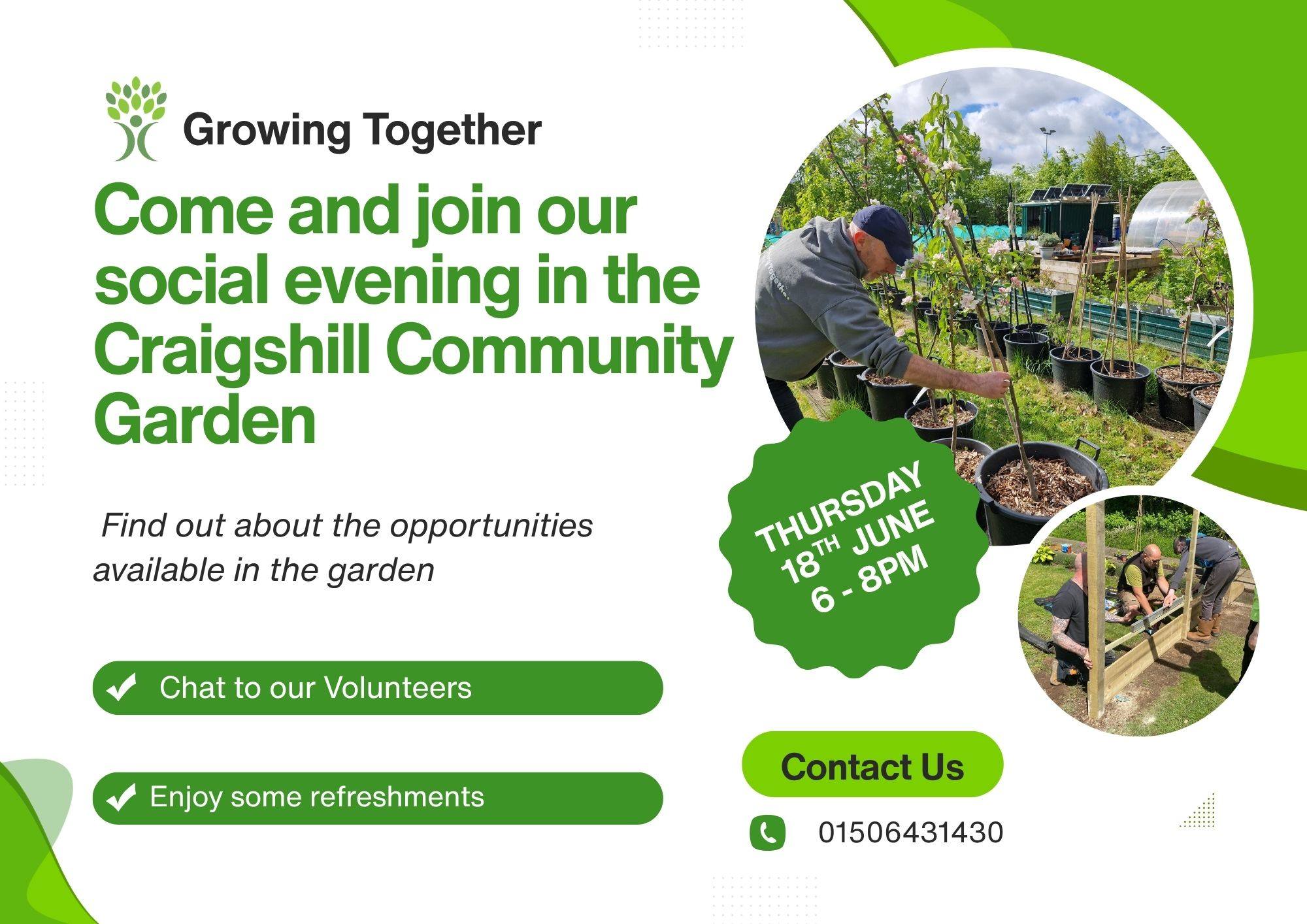 🌿 Join Us Today at the Craigshill Community Garden Social Evening! 🌿
Looking to meet new people, learn about gardening opportunities, and enjoy a friendly community atmosphere?
Come along, have a chat, and see what the garden has to offer!
📅 Today (Thursday 18th June)
🕕 6:00pm – 8:00pm
📍 Craigshill Community Garden
Whether you're an experienced gardener or simply curious to find out more, everyone is welcome.
📞 For more information, contact us on 01506 431430
Spark Almond Housing Association West Lothian Youth Action Project