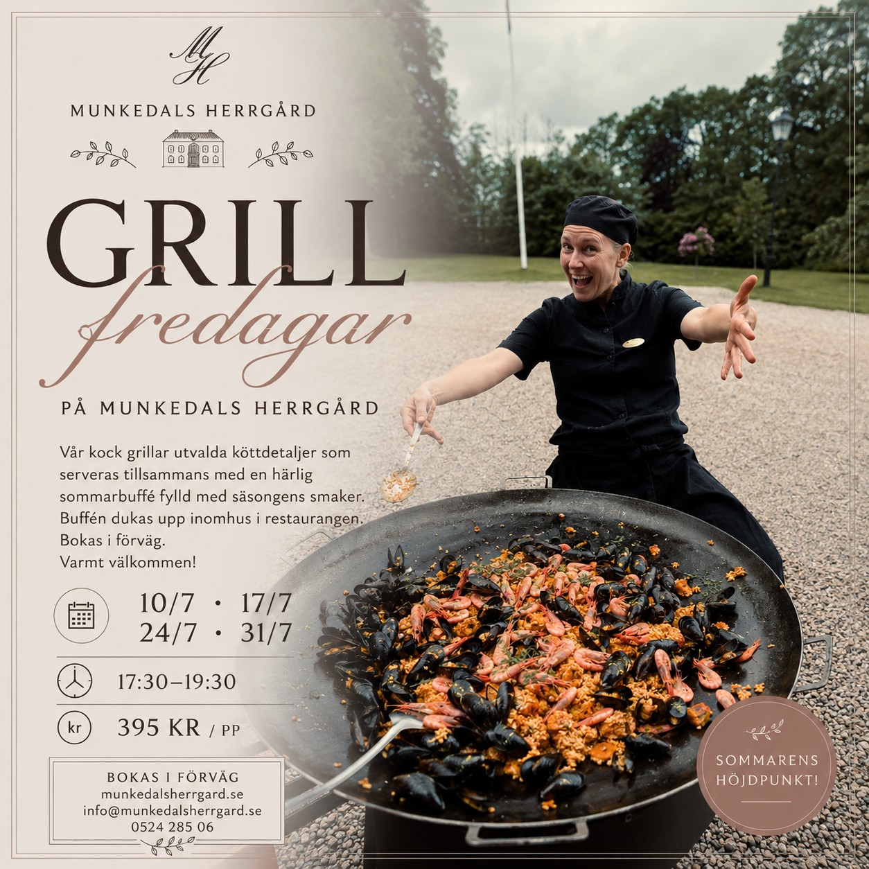 🔥 Nyhet på Munkedals Herrgård!
I sommar testar vi något nytt – Grillfredagar på herrgården!
Vår kock grillar utvalda köttdetaljer och vi dukar upp en härlig sommarbuffé fylld med säsongens smaker.
Vi hoppas att ni vill komma och skapa en ny sommartradition tillsammans med oss. ☀️🌿
📅 10, 17, 24 & 31 juli
🕠 Serveras mellan 17:30–19:30
Bordsbokning krävs – Varmt välkomna till oss! 🤍