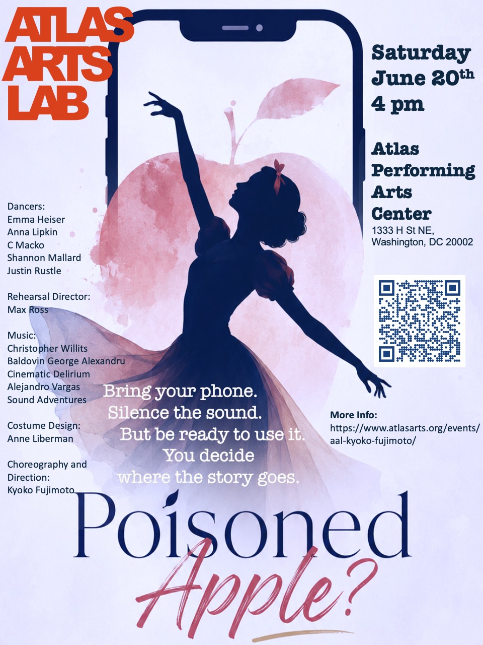 Mirror, mirror, on the screen, who gets the most views and likes of all? 📱✨
We are thrilled to share a glimpse into "Poisoned Apple?", a striking contemporary dance production by a DC-based choreographer Kyoko Fujimoto @kyokofujimoto_choreo
In this innovative performance, the audience decides the storyline in real-time via live voting. Come explore the digital woods and experience the world premiere at the Atlas Performing Arts Center (@atlaspacdc ) this Saturday, June 20th at 4:00 PM! 🍎
Don't miss this one-of-a-kind interactive experience.