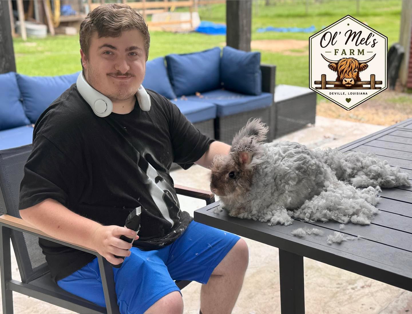 Meet James ❤️. James and his mom reached out about a month ago asking if he could volunteer at the farm. He has been helping some with camps and animal care. Today he gave our English Angora bunnies a summer haircut. We are very blessed to have James as a helper.