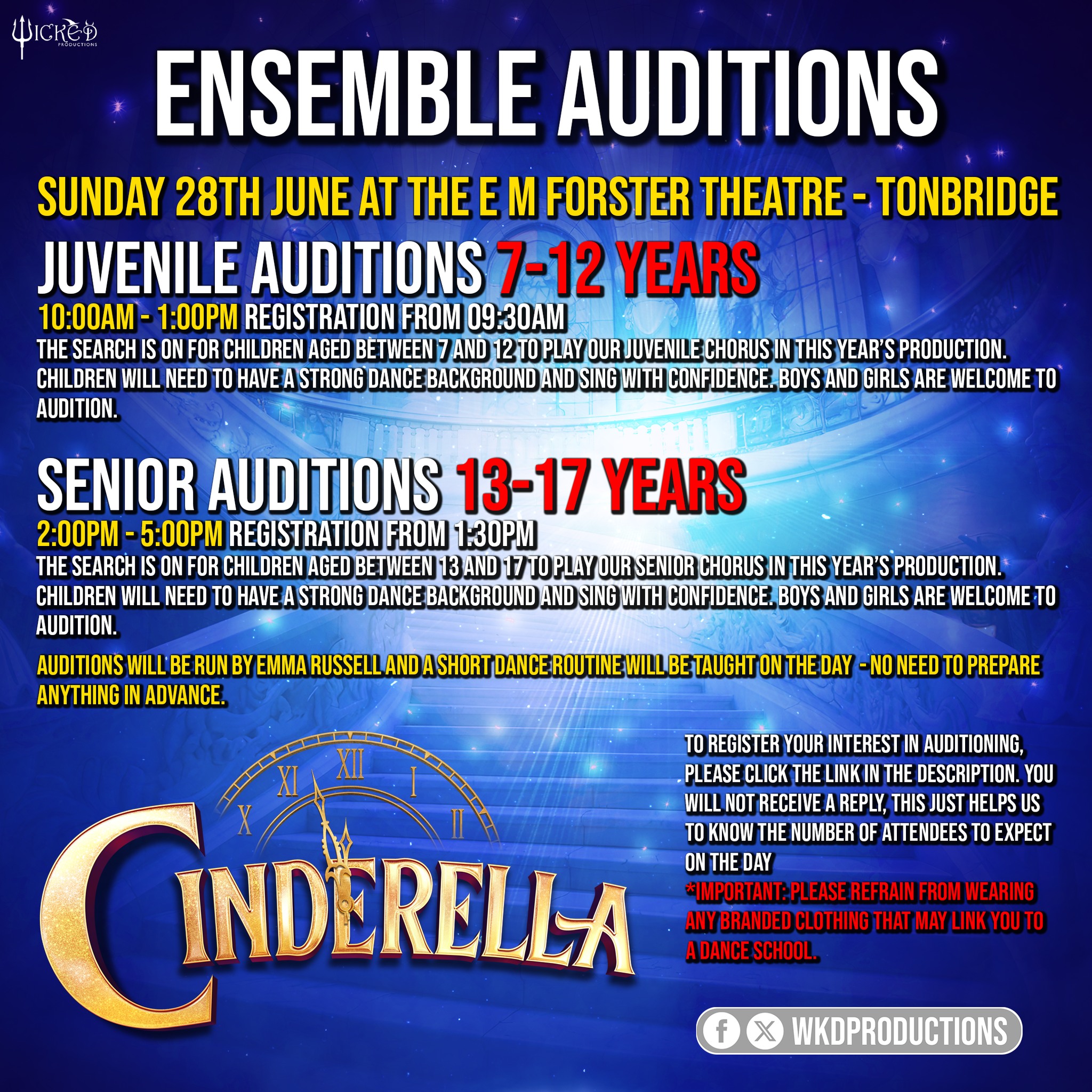 🚨🚨 FINAL CALL!! 🚨🚨
The deadline is Wednesday 24th at 12pm, please make sure you have registered by then!
==================================================
✨YOUTH ENSEMBLE AUDITIONS!✨
Calling all budding stars! We're on the lookout for talented young performers to join the youth ensemble for our 2026 Pantomime of Cinderella 🌟
📅 Audition Date: Sunday 28th June
📍 Venue: E.M. Forster Theatre, Tonbridge
If your child dreams of treading the boards in front of thousands this Christmas, now’s their chance! 🎭👯
This year’s auditions will be led by the brilliant Emma Russell, with our choreographer Carla watching closely from the wings to make sure every ounce of talent gets seen.
🎒 What to wear: Plain dancewear only please – no dance school logos or previous panto hoodies. We want everyone to shine equally ✨
👀 Please read the audition info on the image and make sure to register your child using the link below.
👉 https://forms.gle/ZpGsinnAN6hiwwMA6
⚠️ Note: We won’t reply to registration emails – they’re just to help us prep for the big day!
Let’s find our next panto stars!
#WickedProductions #CinderellaPanto #EMForster #TonbridgePanto