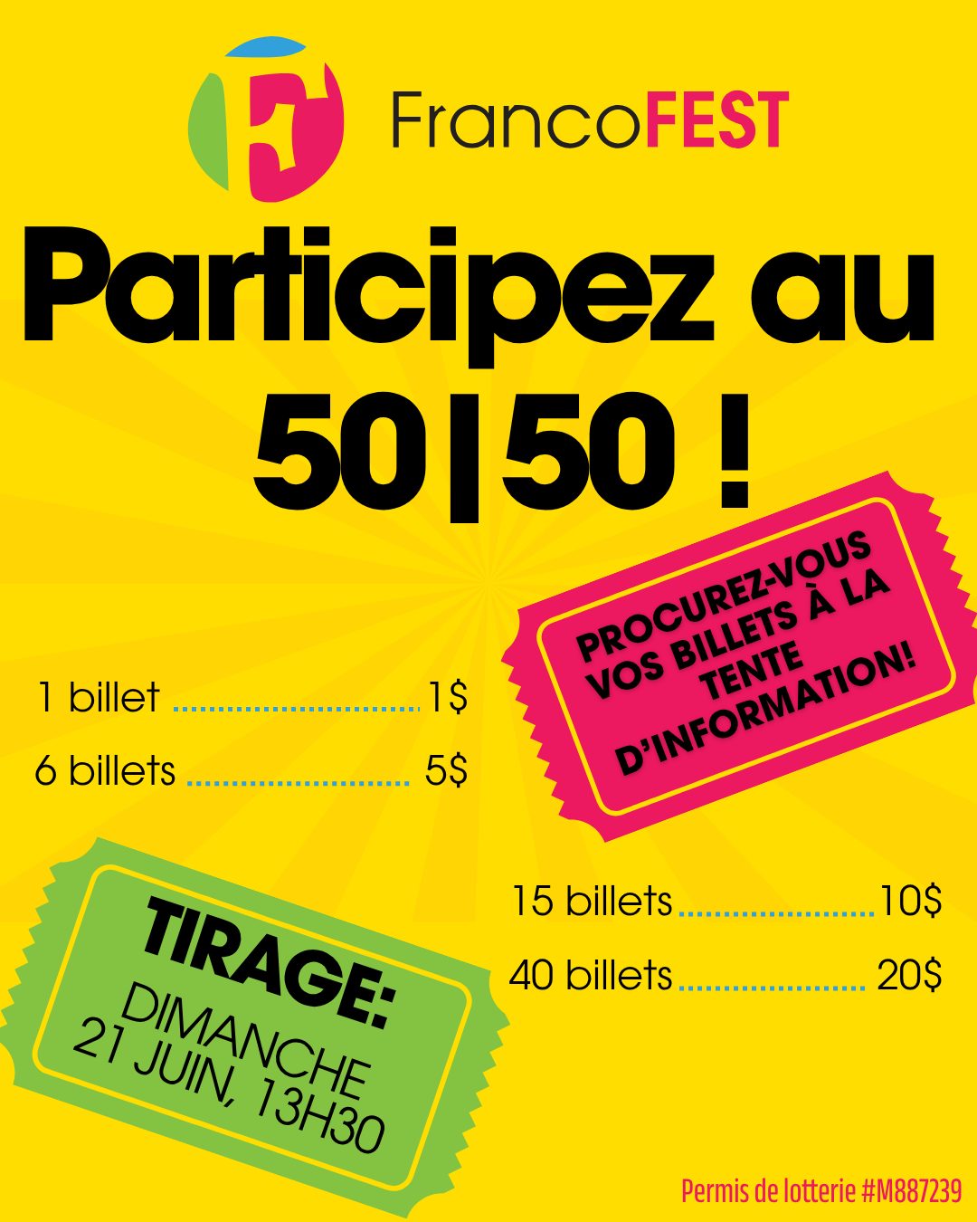 💙 Une autre belle façon de soutenir la FrancoFEST tout en courant la chance de gagner!
Notre tirage 50-50 sera de retour cette année et les billets seront disponibles au kiosque d'information pendant toute la durée du festival.
🎟️ Procurez-vous vos billets lors de votre visite sur le site.
💰 La personne gagnante remportera la moitié de la cagnotte.
📅 Le tirage aura lieu dimanche en début d'après-midi.
Bonne chance à toutes et à tous, et merci de contribuer au succès de la FrancoFEST!