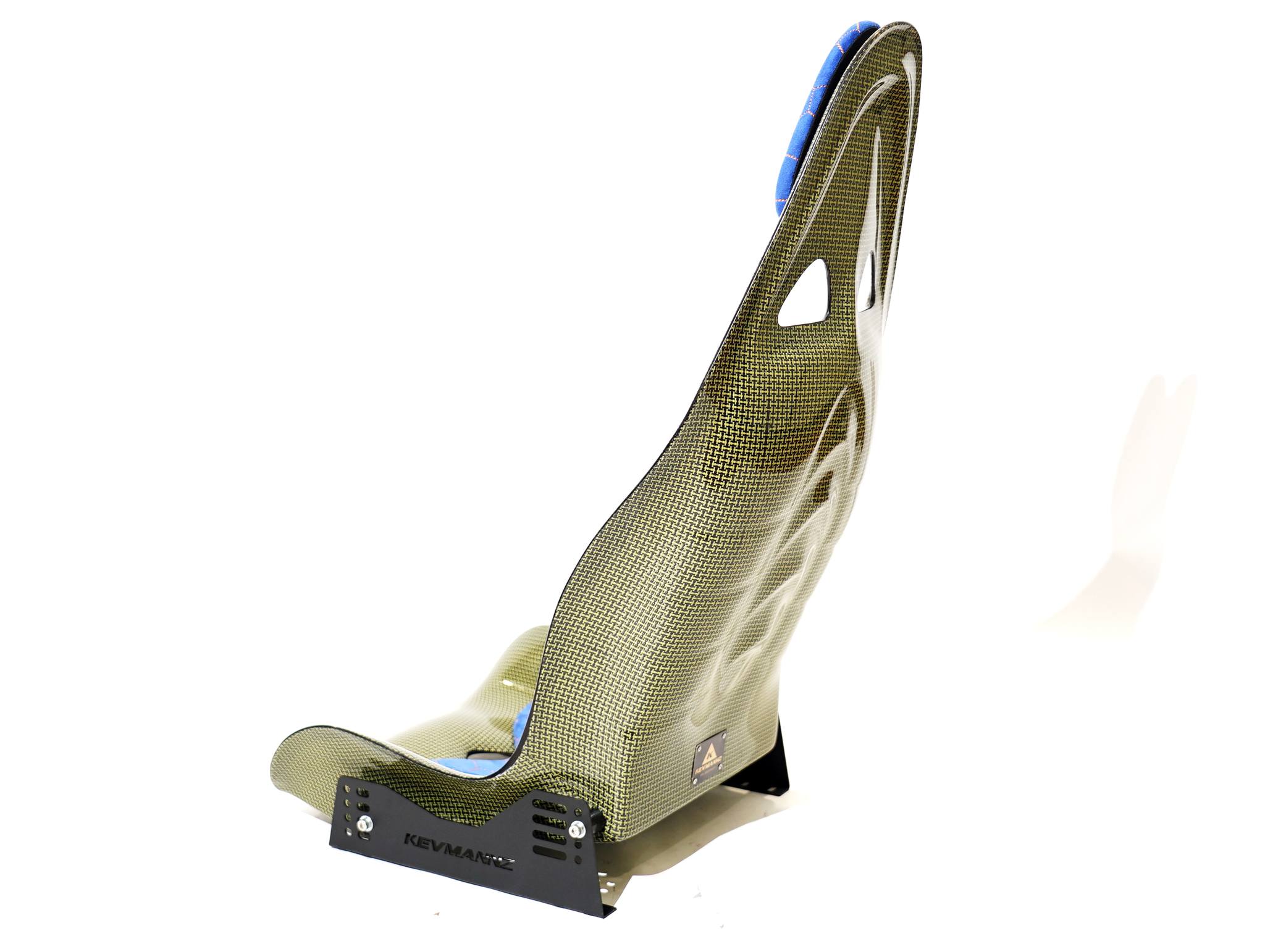 KevMannz yellow Kevlar bucket seats V3, featuring custom blue Alcantara padding with yellow honeycomb stitching pattern and empowering logo embroidery on headrest padding - where every drive becomes a journey of limitless possibility.
