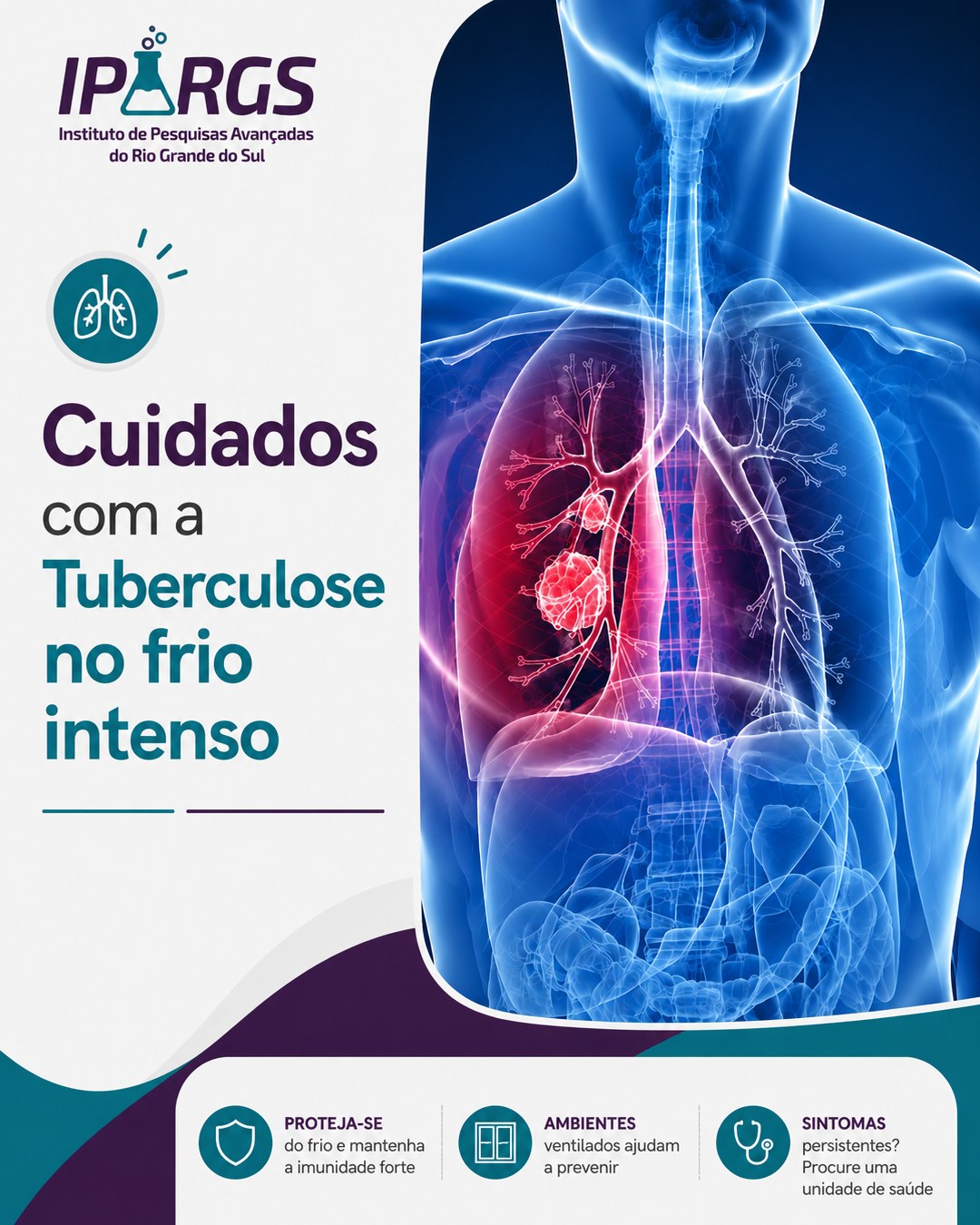 🫁❄️ Cuidados com a Tuberculose no Frio Intenso
Com a chegada dos dias mais frios, é comum passarmos mais tempo em ambientes fechados e com pouca ventilação. Esse cenário favorece a transmissão de doenças respiratórias, incluindo a tuberculose.
A tuberculose tem cura e o diagnóstico precoce é fundamental para interromper a transmissão e garantir um tratamento eficaz. Fique atento aos principais sinais: tosse persistente por três semanas ou mais, febre, suor noturno, cansaço excessivo e perda de peso.
✅ Mantenha os ambientes ventilados sempre que possível
✅ Evite locais fechados e sem circulação de ar
✅ Procure uma unidade de saúde em caso de sintomas persistentes
✅ Incentive familiares e amigos a buscarem informação e prevenção
O conhecimento salva vidas. A prevenção começa com a informação.
IPARGS – Instituto de Pesquisas Avançadas do Rio Grande do Sul
Promovendo ciência, pesquisa e saúde para transformar vidas.
#Tuberculose #SaúdeRespiratória #IPARGS #Prevenção #SaúdePública #FrioIntenso #DiagnósticoPrecoce #PesquisaCientífica #RioGrandedoSul #SaúdeParaTodos