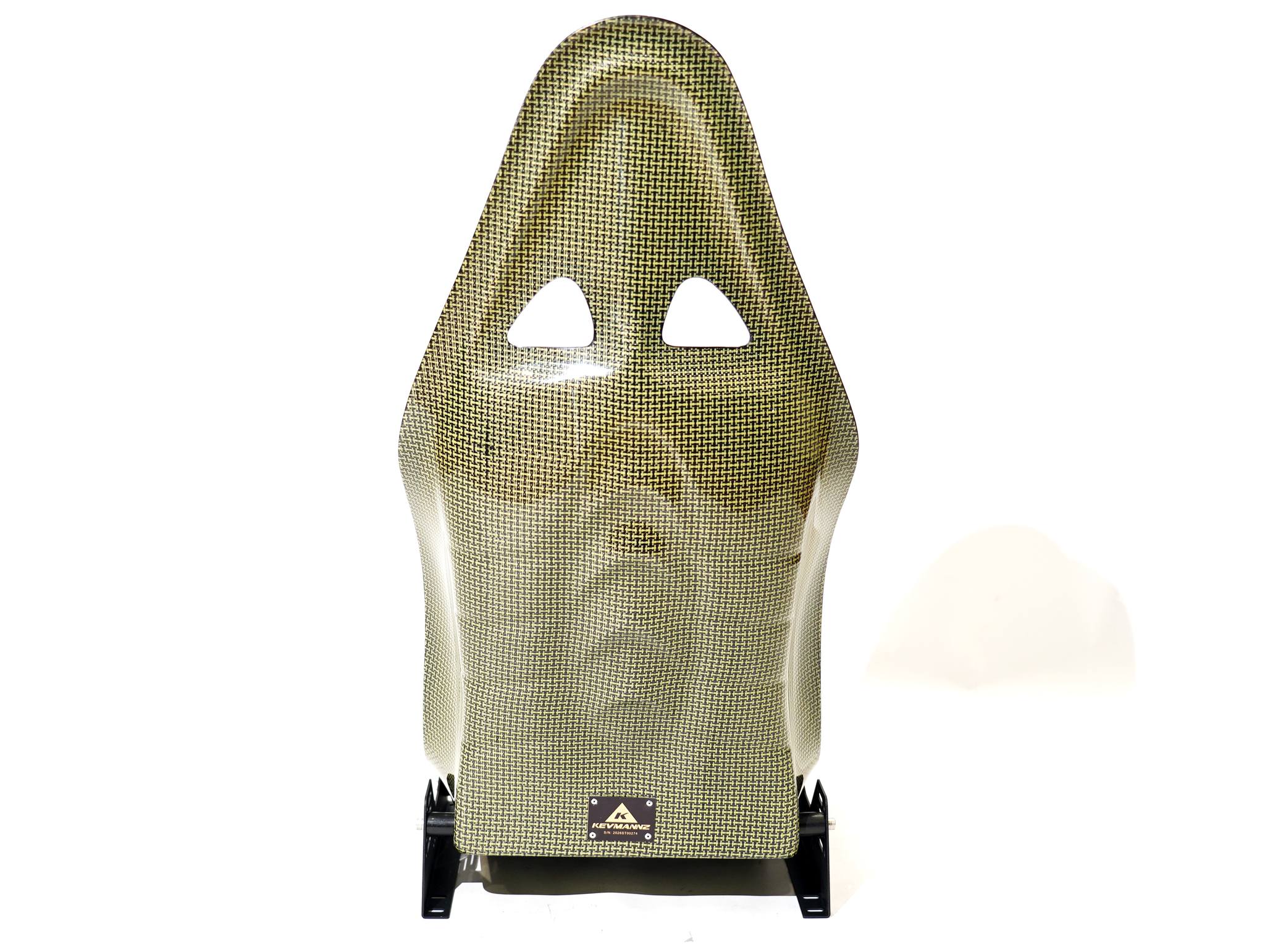 KevMannz yellow Kevlar bucket seats V3, featuring custom blue Alcantara padding with yellow honeycomb stitching pattern and empowering logo embroidery on headrest padding - where every drive becomes a journey of limitless possibility.