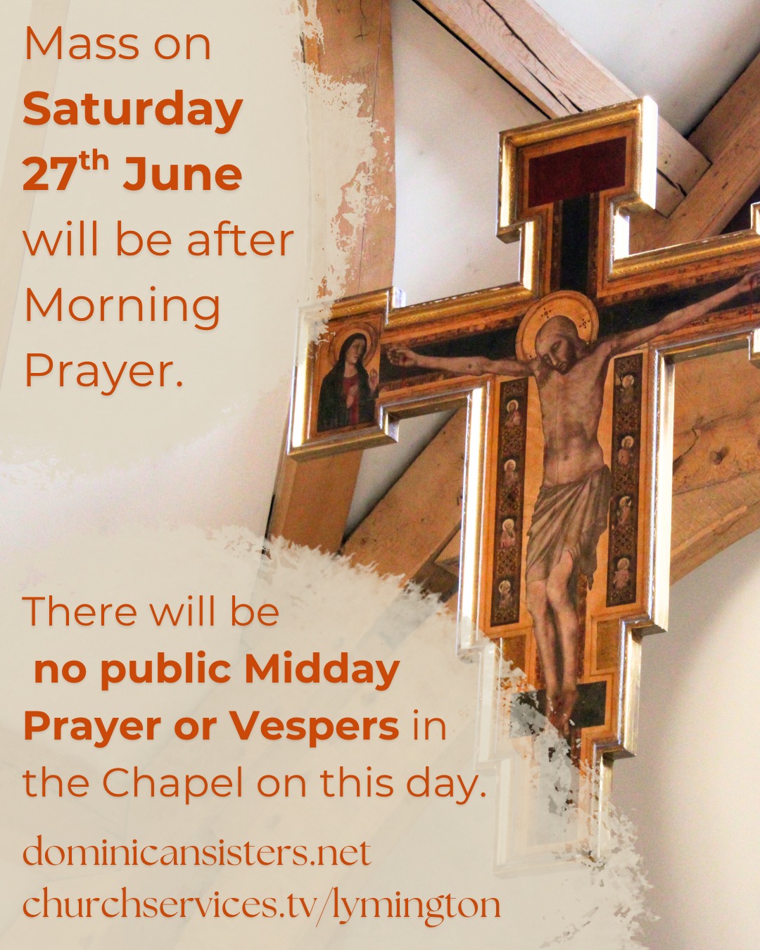 Please note that this coming Saturday, 27th June, Mass will be held directly after Morning Prayer.
There will be no public Midday Prayer or Rosary & Evening Prayer in our Chapel on this day. Adoration & Compline will take place at the normal time of 8.15pm.