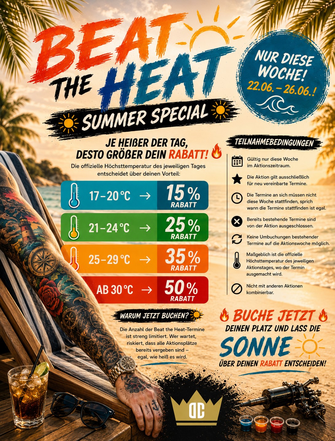☀️ BEAT THE HEAT – SUMMER SPECIAL ☀️
Nur diese Woche! Von 22.06. - 26.06.! 🌊
Je heißer der Tag, desto größer dein Rabatt! 🔥
Die offizielle Höchsttemperatur des jeweiligen Tages entscheidet über deinen Vorteil:
🌡️ 17–20 °C → 15 % Rabatt
🌡️ 21–24 °C → 25 % Rabatt
🌡️ 25–29 °C → 35 % Rabatt
🌡️ Ab 30 °C → 50 % Rabatt
Teilnahmebedingungen
* Gültig nur diese Woche im Aktionszeitraum.
* Die Aktion gilt ausschließlich für neu vereinbarte Termine
* Die Termine an sich müssen nicht diese Woche stattfinden, sprich wann die Termine stattfinden ist egal
* Bereits bestehende Termine sind von der Aktion ausgeschlossen.
* Keine Umbuchungen bestehender Termine auf die Aktionswoche möglich.
* Maßgeblich ist die offizielle Höchsttemperatur des jeweiligen Aktionstages, wo der Termin ausgemacht wird.
* Nicht mit anderen Aktionen kombinierbar.
Warum jetzt buchen?
Die Anzahl der Beat the Heat-Termine ist streng limitiert. Wer wartet, riskiert, dass alle Aktionsplätze bereits vergeben sind – egal, wie heiß es wird.
🔥 Buche jetzt
#tattooinspiration #DCTattoo #TattooStudio #Tattoostudio #tattoostudio #TattooInspiration #Zeltweg #inkedcommunity #tattoolovers #Steiermark #murtal #TattooArt #tattoovibes #Tattoo #tattoolove #TattooAustria #tattooartist #summers #summerday #heat