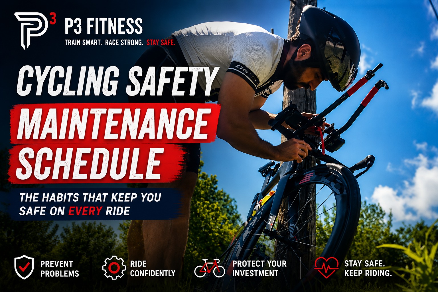 Cycling safety isn't one big decision.
It's checking your tire pressure before you roll out.
It's replacing a helmet that's seen one too many seasons.
It's running lights during the day.
It's spending 60 seconds before a ride to avoid months off the bike.
I put together a complete Cycling Safety Maintenance Schedule covering:
✅ What to check before every ride
✅ Weekly and monthly maintenance
✅ Helmet replacement guidelines
✅ Visibility and road safety tips
✅ Seasonal and yearly inspections
✅ A downloadable checklist you can save or print
The safest cyclists aren't always the fastest.
They're the ones who consistently do the little things right.
Read the full guide here 👇
https://www.p3fitness.co/post/cycling-safety-maintenance-schedule-what-to-check-before-every-ride-every-season-every-year
#Cycling #RoadCycling #Triathlon #BikeMaintenance #CyclingSafety #Triathlete #EnduranceSports #RideSafe #BikeLife #P3Fitness