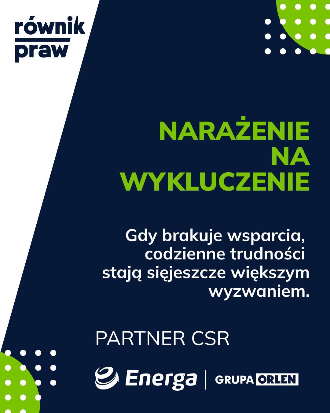 Osoby narażone na wykluczenie, mierzą się nie tylko z codziennymi trudnościami, ale także z ogromnym obciążeniem psychicznym.
Brak poczucia bezpieczeństwa, ograniczony dostęp do wsparcia czy doświadczenie odrzucenia mogą prowadzić do przewlekłego stresu, lęku i obniżonego nastroju.
Dlatego dostęp do pomocy psychologicznej powinien być możliwie prosty i dostępny dla każdego.
W Równiku Praw zapewniamy bezpłatne konsultacje psychologiczne online. To forma wsparcia, która pozwala dotrzeć do osób, które z różnych powodów nie mogą lub nie chcą korzystać z pomocy stacjonarnej.
Program realizowany jest przy wsparciu Partnera #CSR - @EnergaSA z Grupy ORLEN.
Nie musisz mierzyć się z trudnościami samodzielnie.
#wykluczenie #fundacja #wsparcie #zdrowiepsychiczne #kryzys #pomoc #wsparciepsychologicznerównikpraw #Energa #EnergaSA