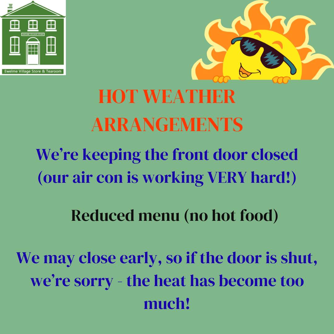 🌞😎 Shop hot weather arrangements for the next few days 🫠🌞😎
🫠 We are keeping the front door closed - our air con unit is working VERY hard to keep our staff, volunteers and cake nice and cool!
🫠We are operating a reduced menu - NO hot food - ask yourself who wants to be slaving over a hot stove in this weather!
🫠 We may close early (our afternoon volunteers will decide). If the door is shut and won't open, we're sorry, but the heat has become too much!
🍦We DO have plenty of ice creams and cold drinks
🍰 We're still doing CAKE! 😋
Thank you for your understanding.
We'll keep reviewing, but will hopefully get back to normal when things have cooled down a bit.
#localshop #shoplocal #heatwave #keepcool #staycool