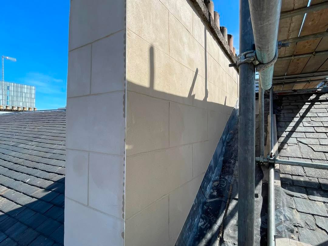 Chimney works taking place on one of our tenement renovation jobs inclusive of roofing and render works — Glasgow