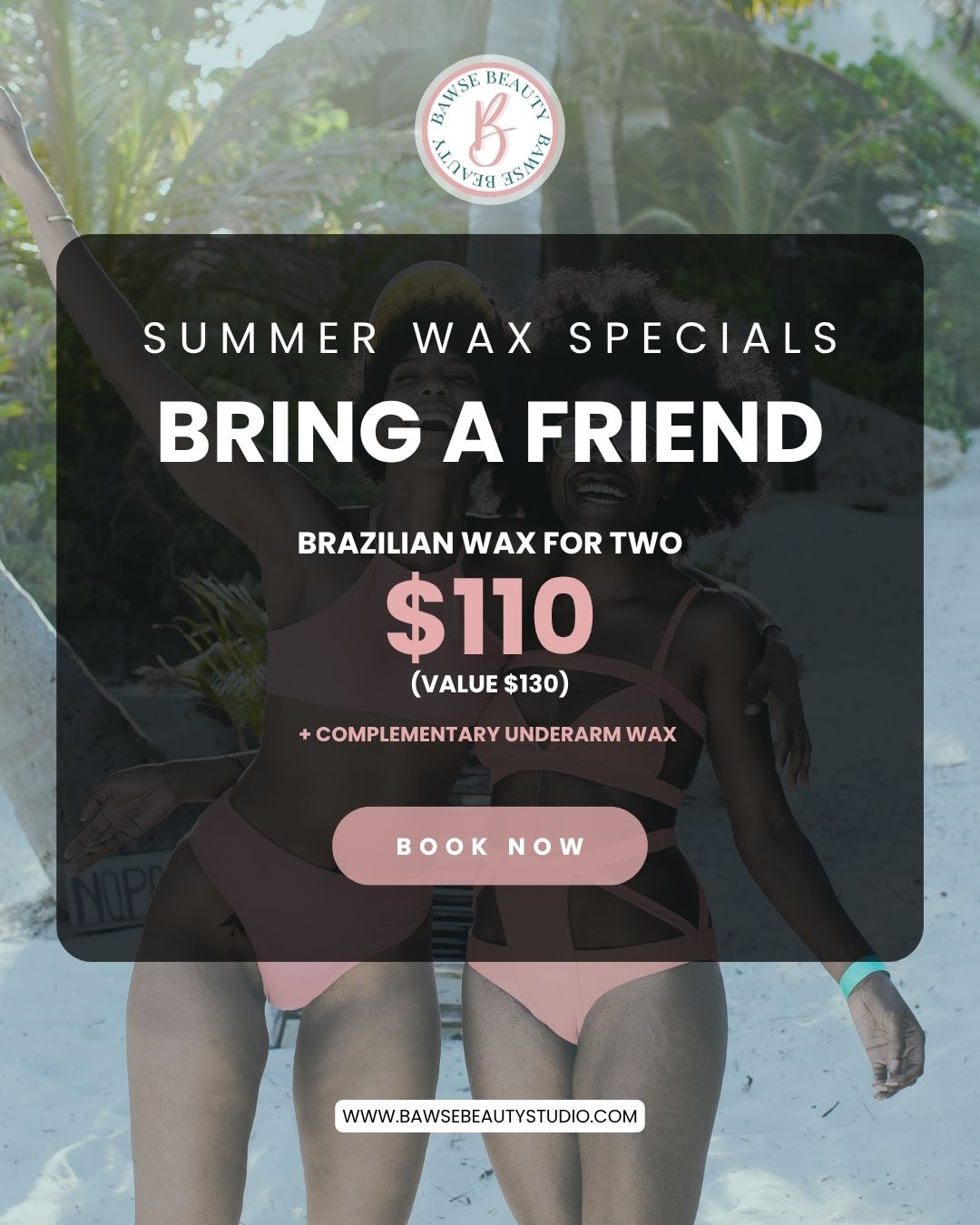 👯♀️ Everything is better with your bestie... especially Brazilian wax appointments.
Grab your wax bestie and save together this summer! ☀️
For a limited time, you and a friend can each enjoy a Brazilian Wax for just $55 each—only $110 total (regularly $130).
Your appointment includes:
✨ Brazilian Wax
✨ A more comfortable experience with your bestie by your side
✨ Smooth skin that's ready for vacations, pool days, and everything in between
Whether it's your first wax or you're both due for maintenance, this is the perfect excuse to book together.
Tag your wax bestie below or send this post to the friend who's always down for a self-care date. 💕
📅 Both appointments must be booked together and attended at the same time.
Ready to glow together? Book your Bring-A-Friend Brazilian Wax today!