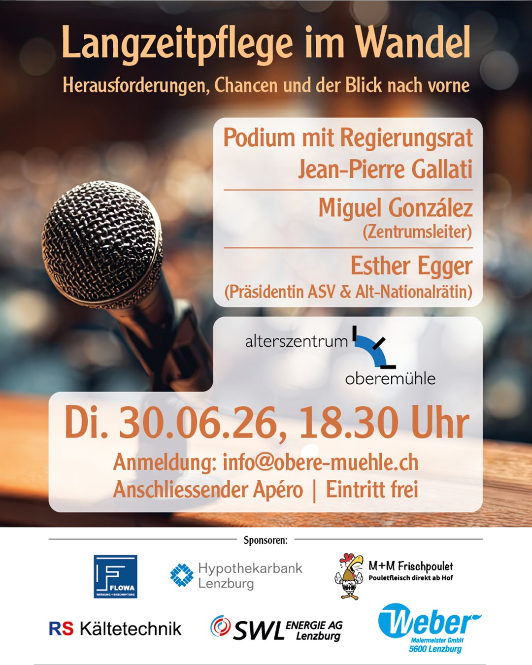 Langzeitpflege im Wandel. 🎤
Die Anforderungen an die Langzeitpflege verändern sich laufend. Am 30. Juni 2026 lädt das Alterszentrum Obere Mühle zu einem spannenden Podium mit Fachpersonen und Gästen aus Politik und Gesundheitswesen ein.
👉 Anmeldung unter info@obere-muehle.ch
#alterszentrumoberemühle #lenzburg #langzeitpflege #veranstaltung